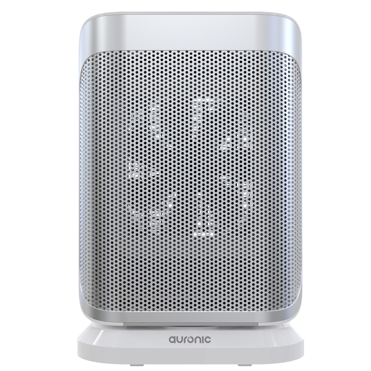 Een witte en zilveren elektrische kachel. Het heeft een geperforeerde voorkant, een gebogen bovenkant en een basis met de merknaam 'auronic'.