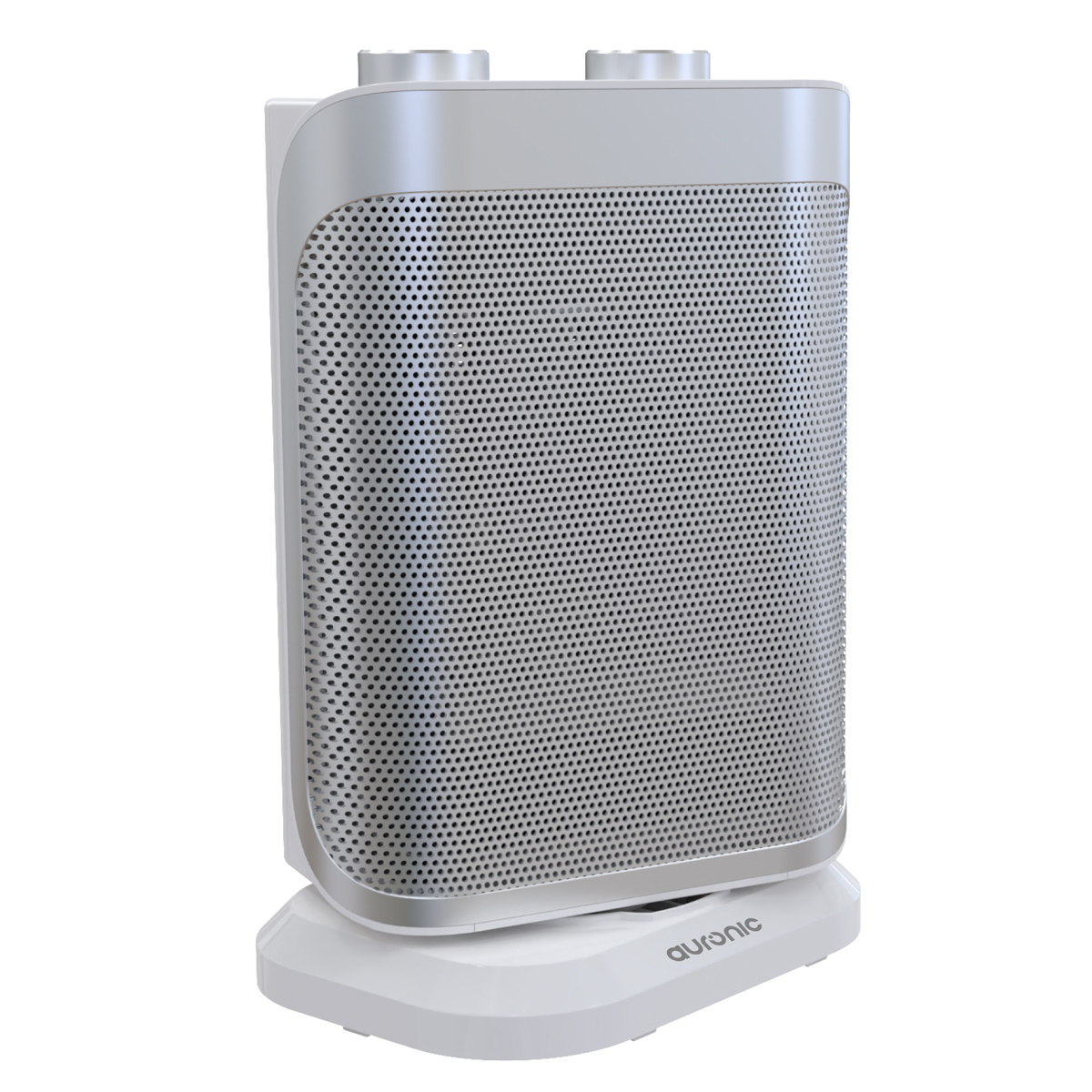 Een witte en zilveren elektrische kachel op een witte basis. Het heeft een geperforeerd voorpaneel en twee ronde ventilatieopeningen aan de bovenkant.
