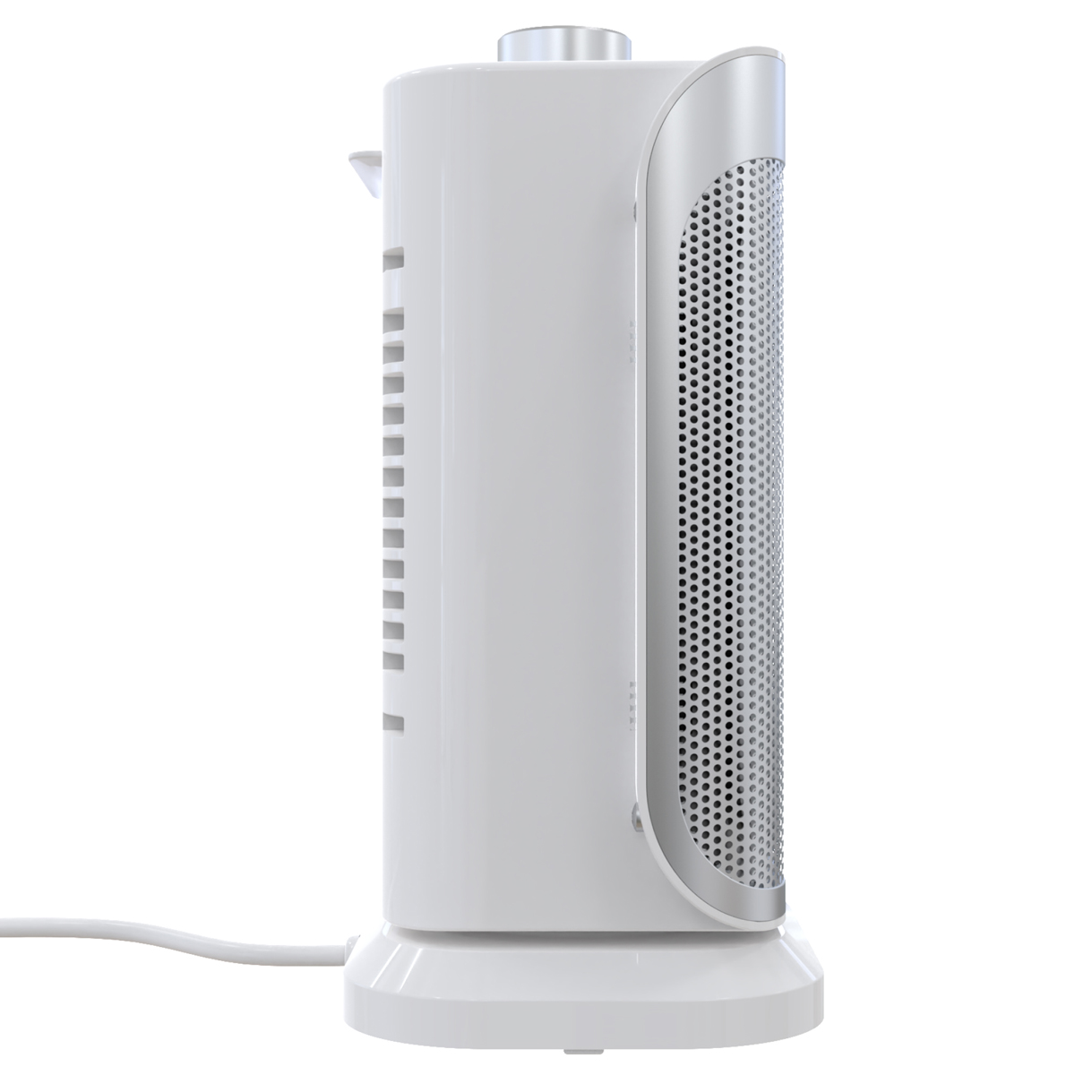 Een witte elektrische kachel met een zilveren gaas, een voet en een netsnoer tegen een witte achtergrond.