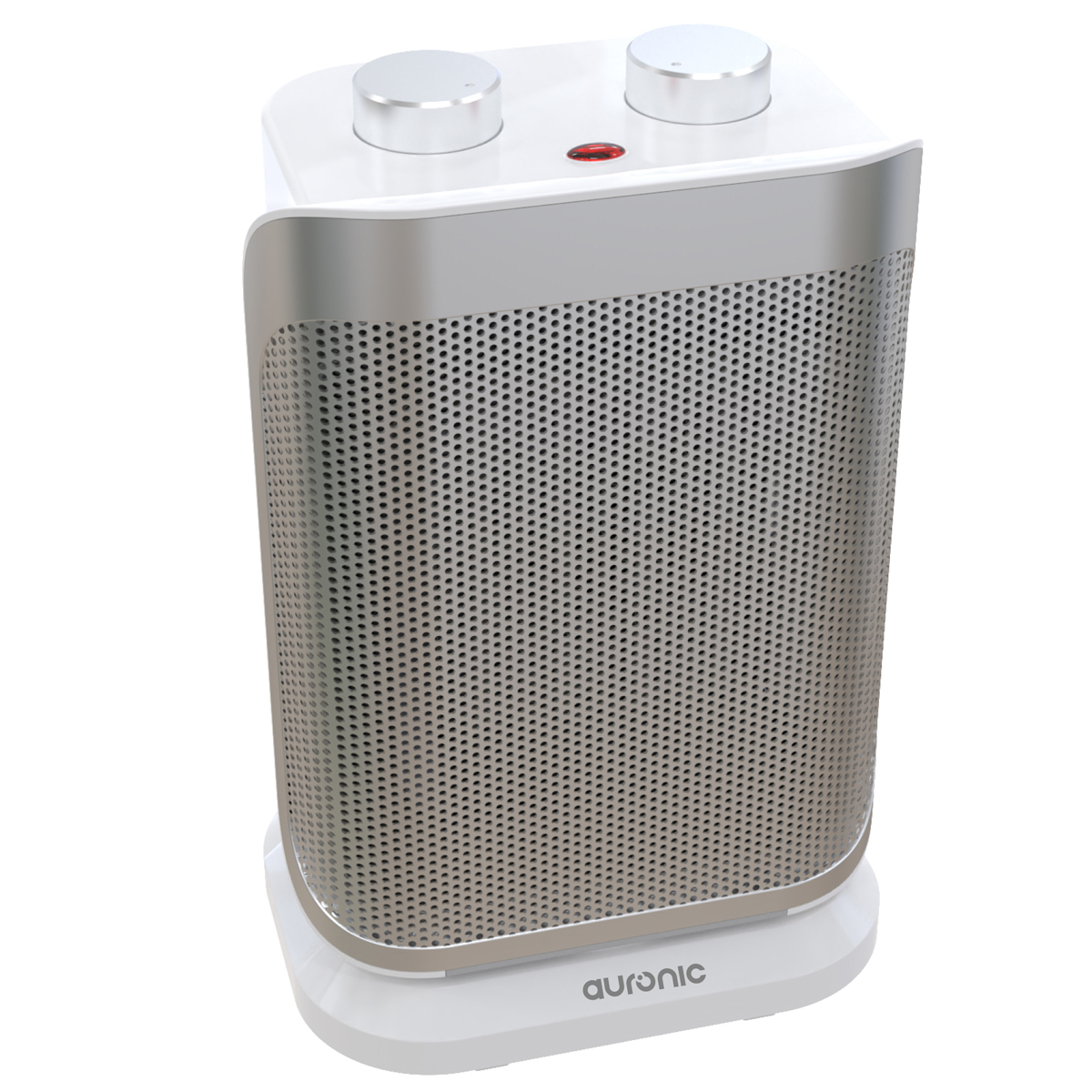 Een witte en zilveren elektrische kachel met twee knoppen bovenop, een geperforeerde voorkant en het merk 'auronic' op de basis.