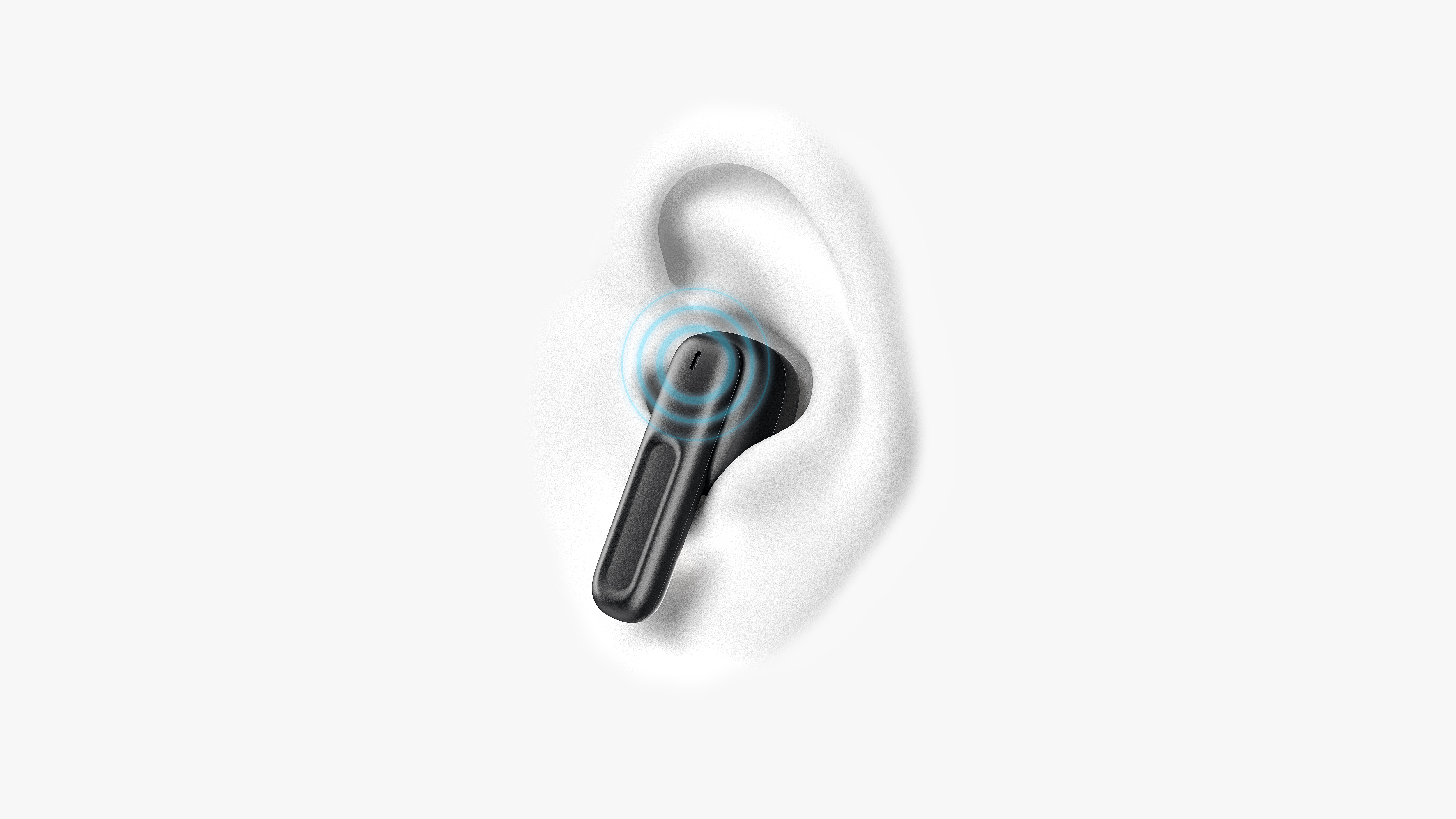 Un auricolare nero è posizionato in un orecchio con onde sonore blu che ne emanano. Lo sfondo è bianco.