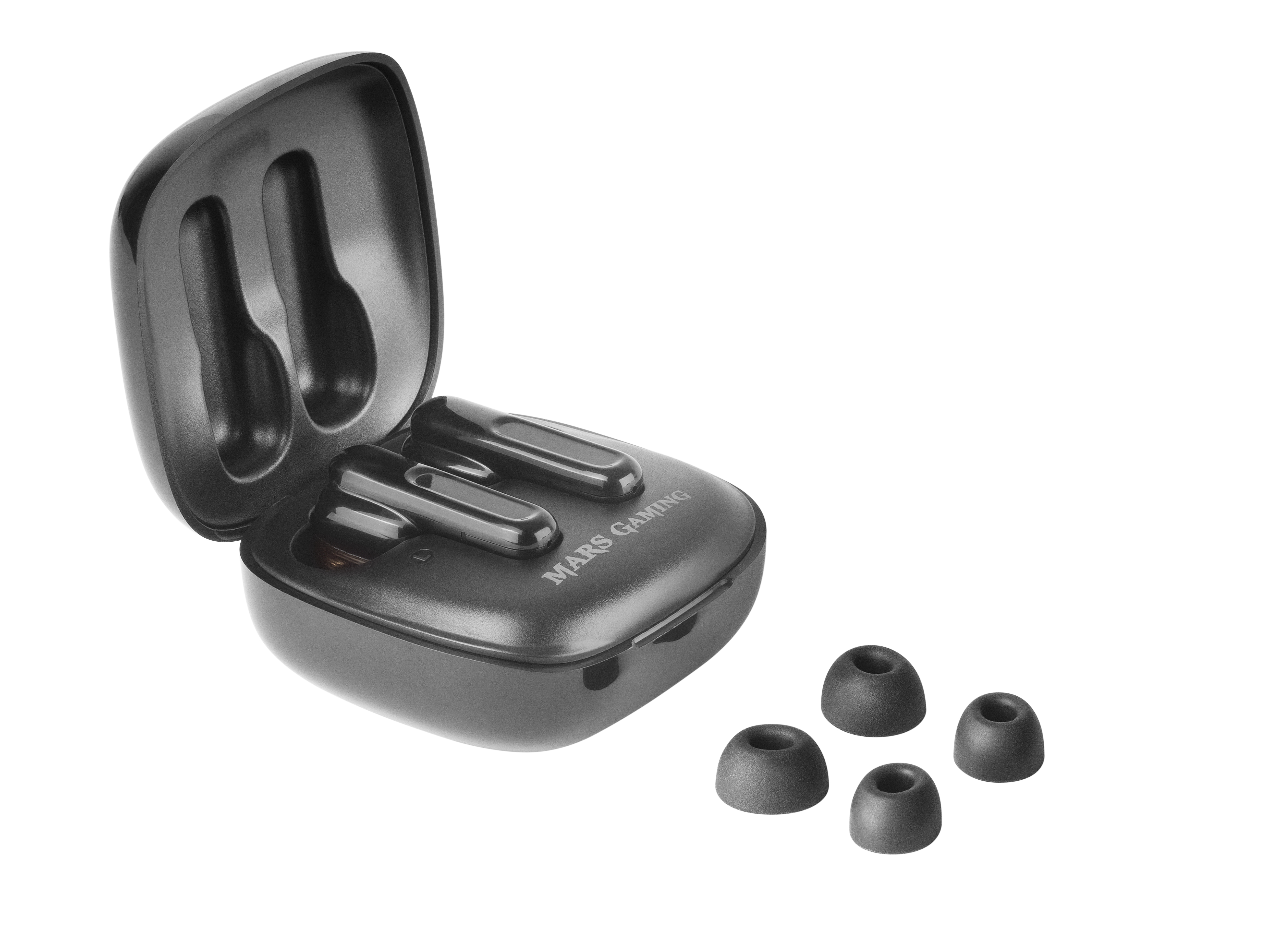 Custodia nera per auricolari Mars Gaming aperta, rivela auricolari all'interno. Quattro gommini neri a destra.