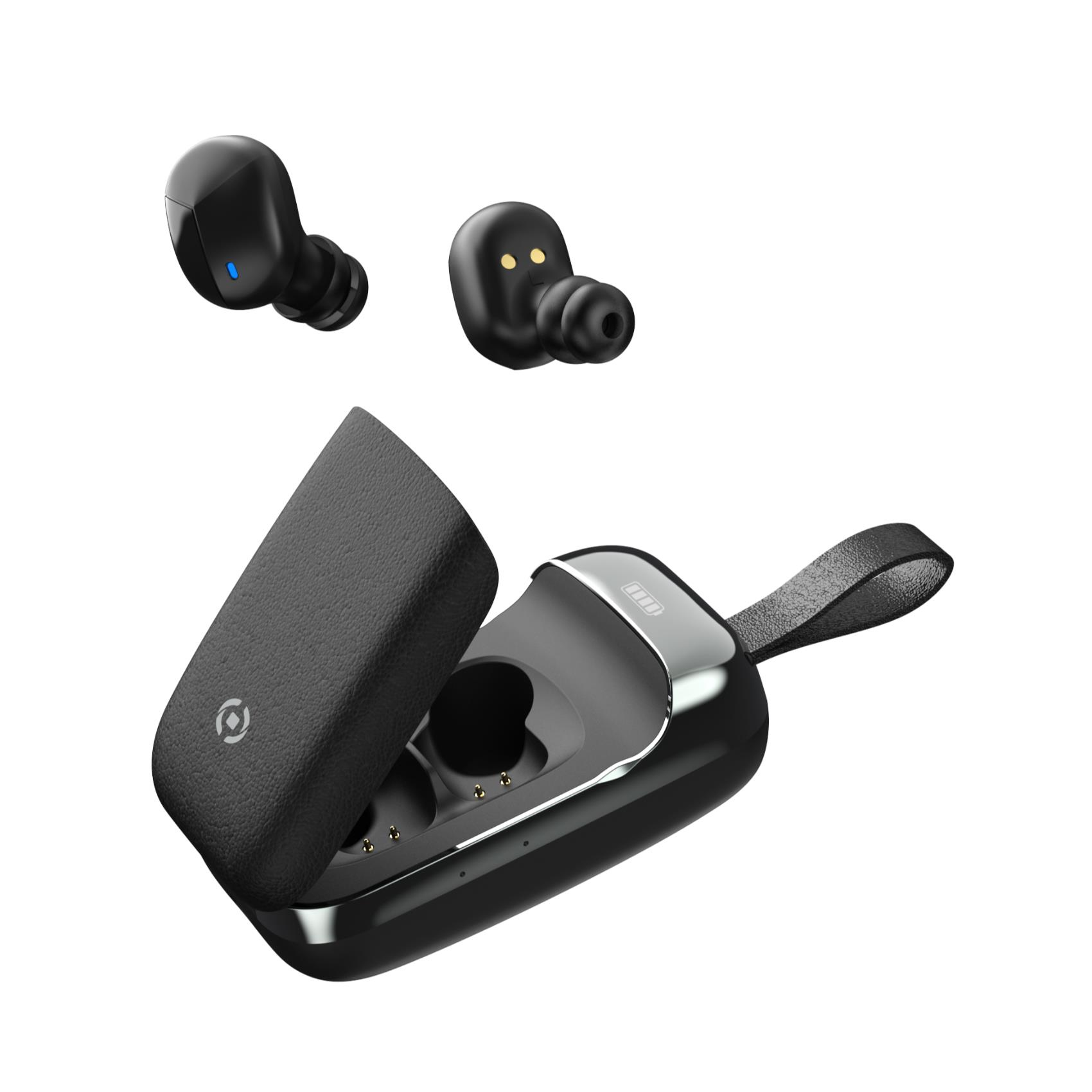 Auricolari neri, uno con luce blu, e una custodia di ricarica con coperchio aperto, con cinturino nero.