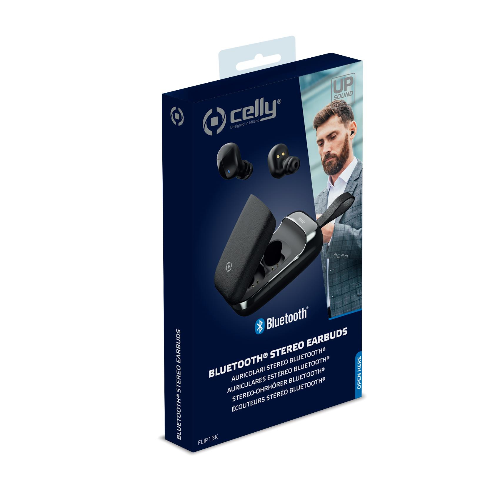 Scatola con auricolari Bluetooth Celly. Include auricolari, custodia di ricarica e volto di uomo. Il testo sulla scatola include marchio e nome del prodotto.