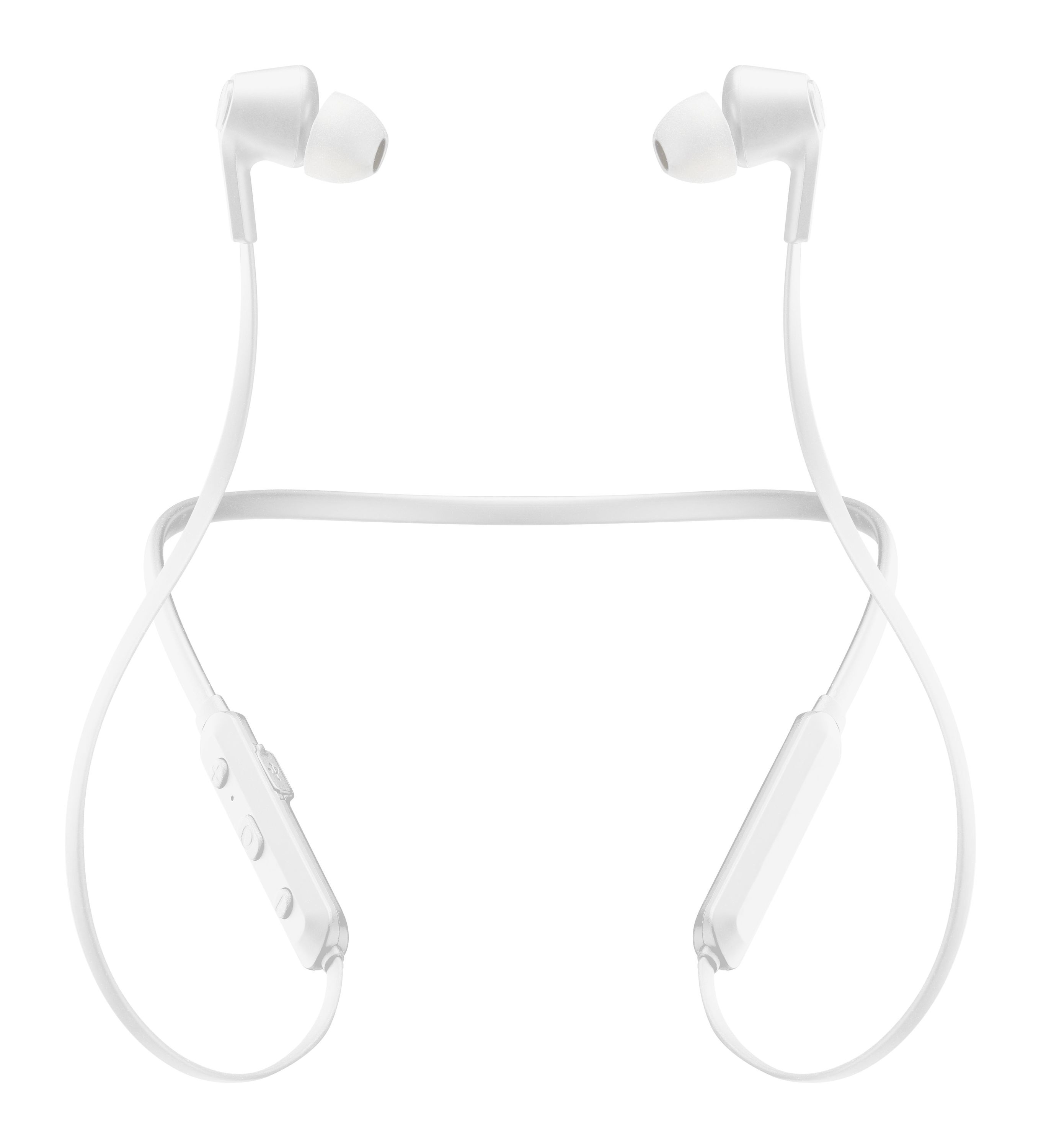 Auricolari bianchi wireless su sfondo bianco. Collegati da una fascia bianca per il collo, con pannello di controllo.