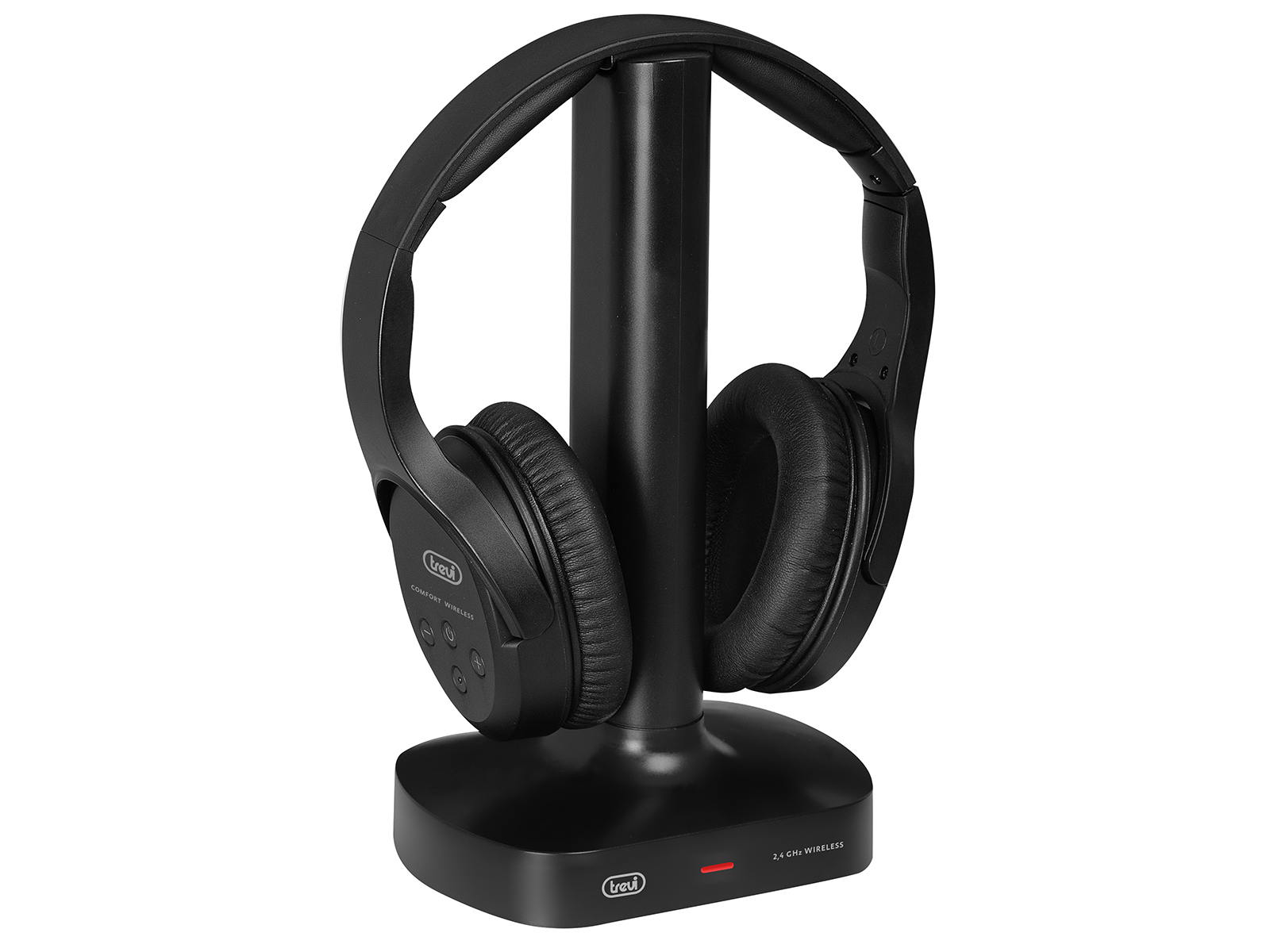 Auriculares negros sobre un soporte negro. Los auriculares son circumaurales e inalámbricos. La base tiene una luz roja.