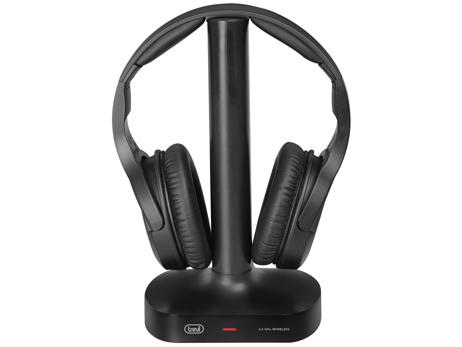 Auriculares inalámbricos negros sobre un soporte negro. El soporte tiene una base con el logo Trevi y una luz roja.