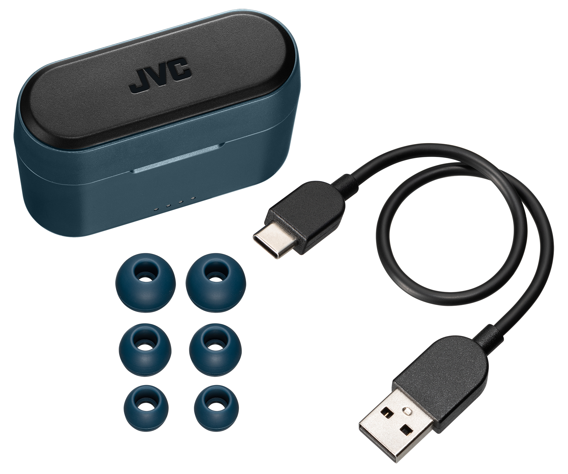 Obrazek przedstawia turkusowe etui na słuchawki JVC, sześć turkusowych końcówek do słuchawek oraz czarny kabel ładujący ze złączami USB i USB-C.