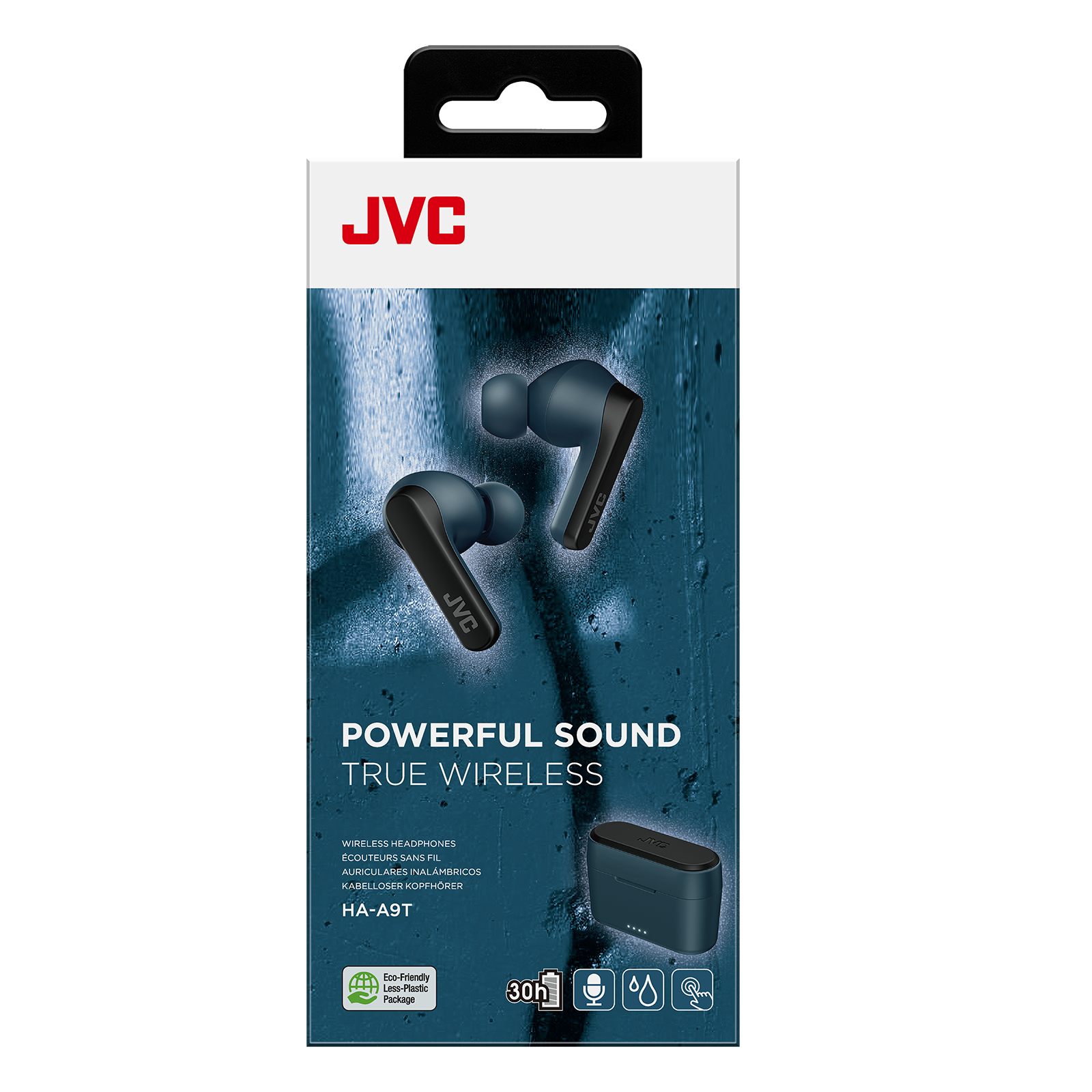 Bezprzewodowe słuchawki JVC HA-A9T w pudełku. Pudełko ma logo JVC i napis 'Powerful Sound True Wireless'.