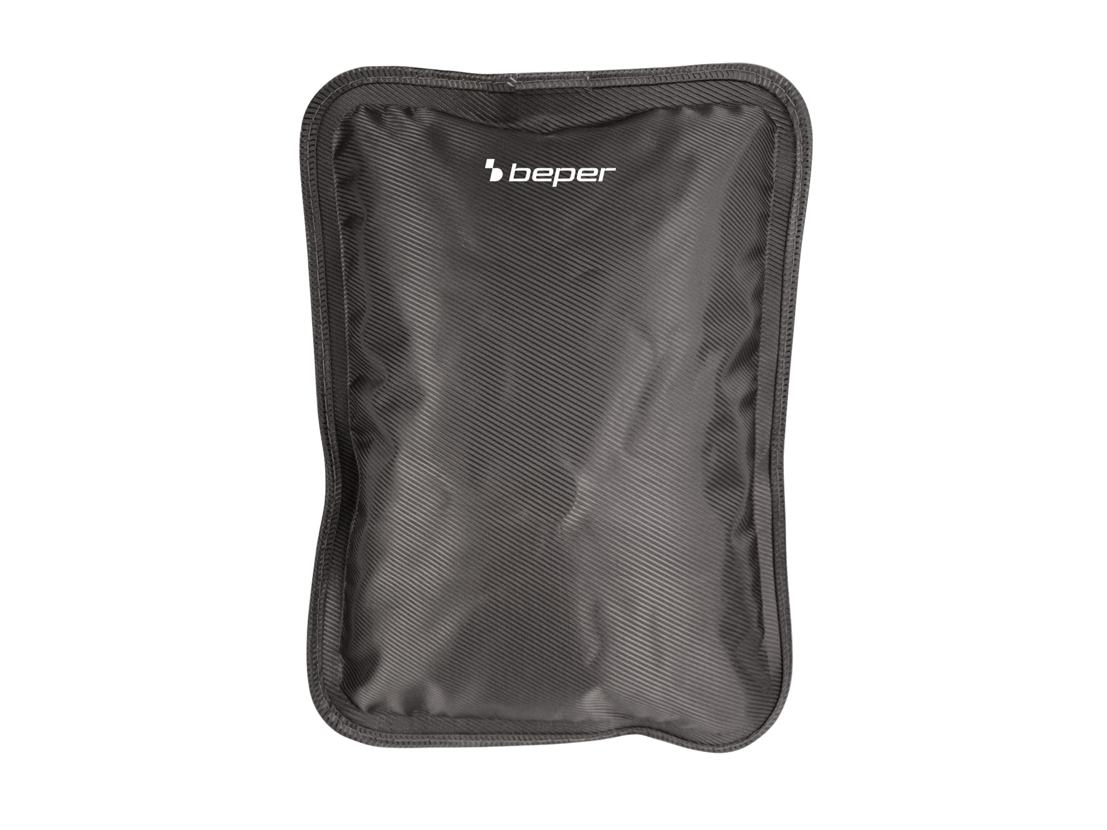 Una borsa dell'acqua calda grigia con logo 'beper' su sfondo bianco.