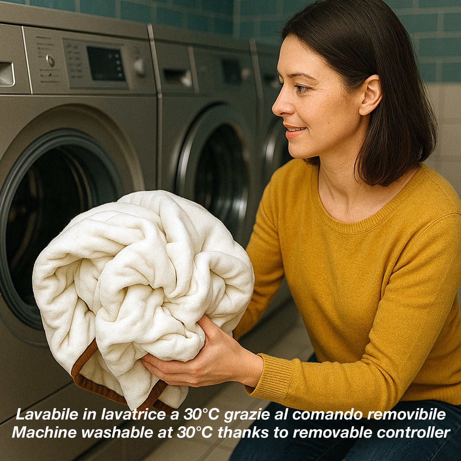 Una donna tiene in mano una coperta bianca in una lavanderia. Sorride, accanto alle lavatrici. Il testo dice lavabile in lavatrice a 30°C.