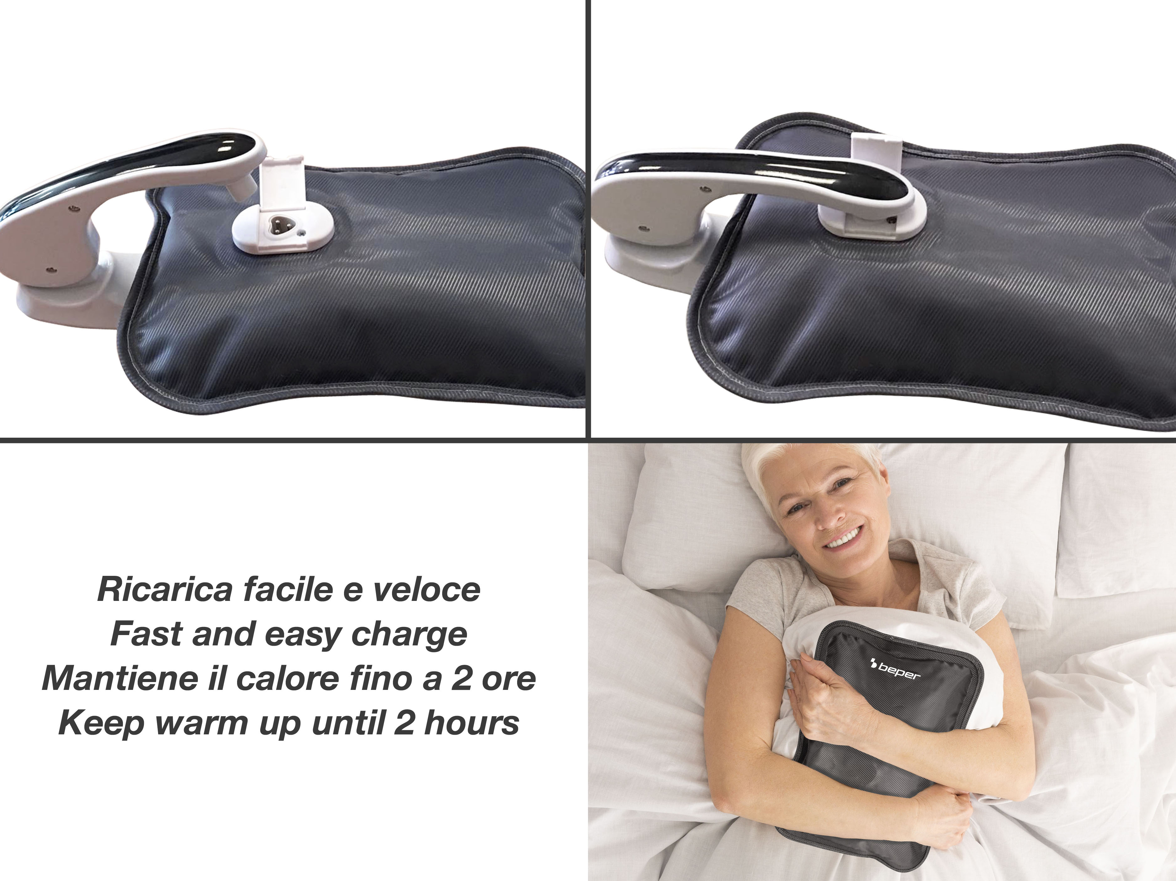 L'immagine mostra una donna a letto che tiene un cuscinetto riscaldante. Il cuscinetto è nero e ha una maniglia bianca. Il testo è visibile.