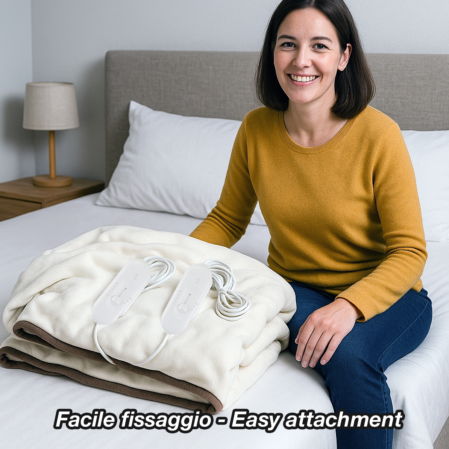 Donna sorride, seduta sul letto con coperta elettrica piegata e controller. Testo in basso: Attacco facile.