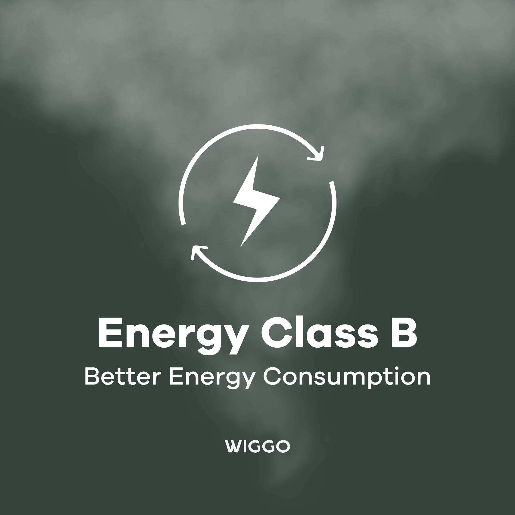 Afbeelding toont een energielogo klasse B met bliksemschicht, omringd door pijlen. Tekst: Energieklasse B, Beter energieverbruik.