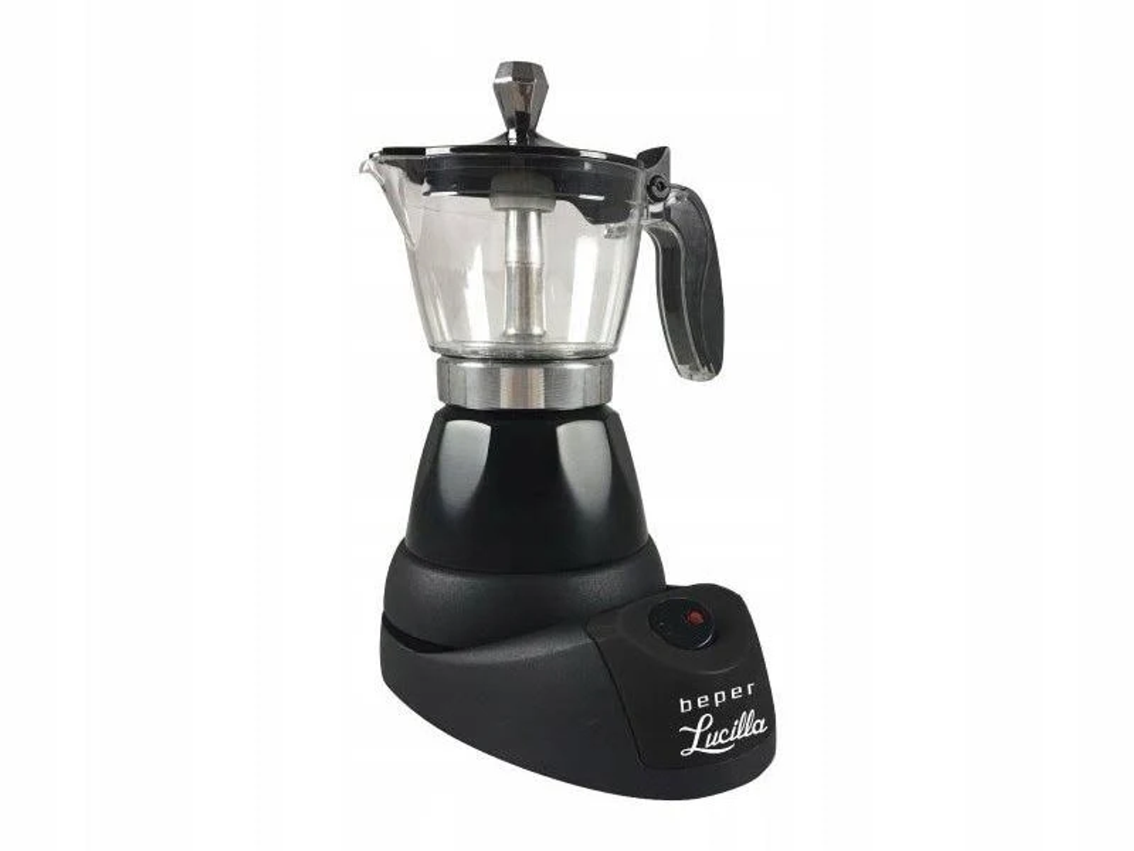 Una caffettiera elettrica nera, con parte superiore in vetro, manico e marchio 'beper Lucilla' sulla base.