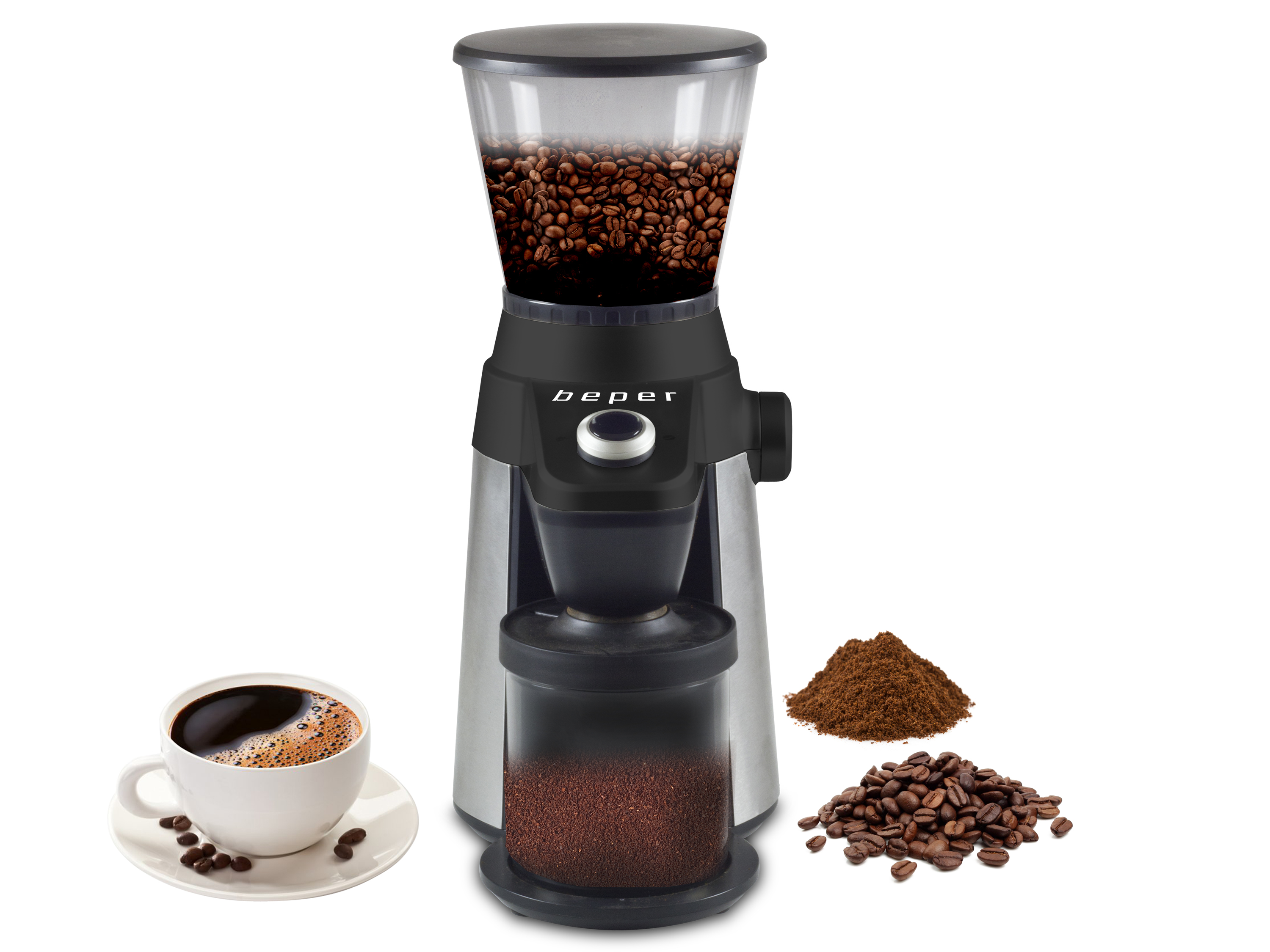 Macinacaffè con chicchi e caffè macinato. Una tazza di caffè e chicchi a sinistra. Il marchio è 'beper'.