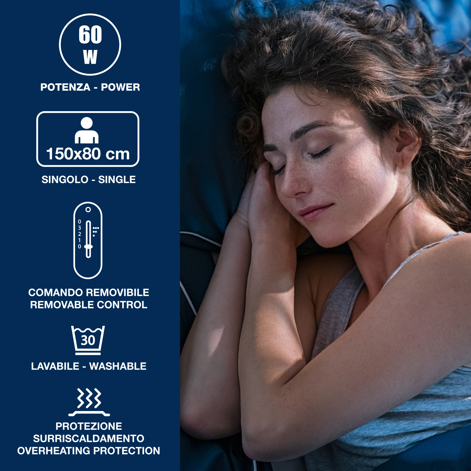 Una donna dorme sul letto. Il testo mostra i dettagli del prodotto: potenza, dimensioni, singolo, controllo rimovibile, lavabile, protezione surriscaldamento.