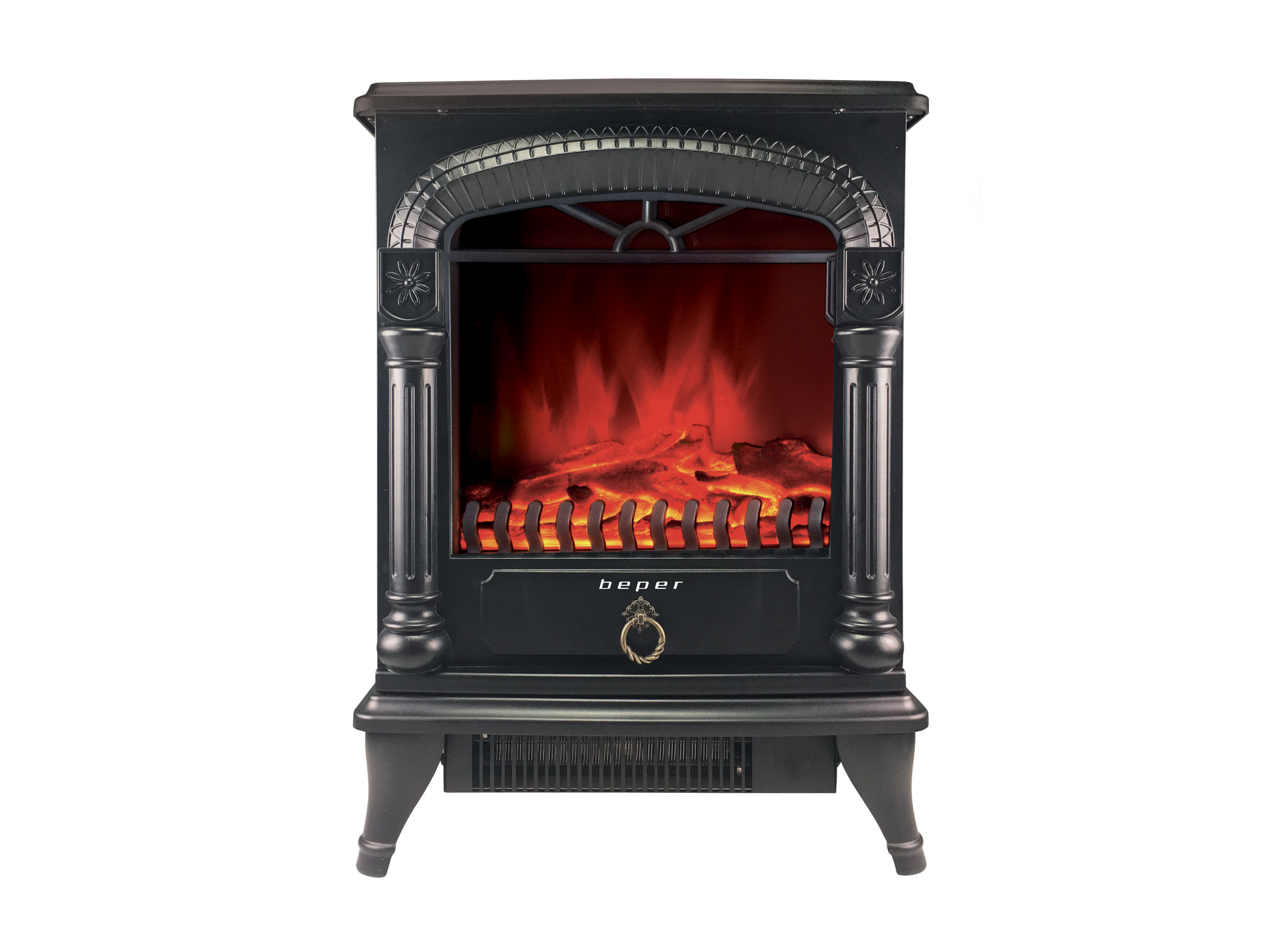 Caminetto elettrico nero con effetto fiamma rossa. Ha elementi decorativi ed è su sfondo bianco.