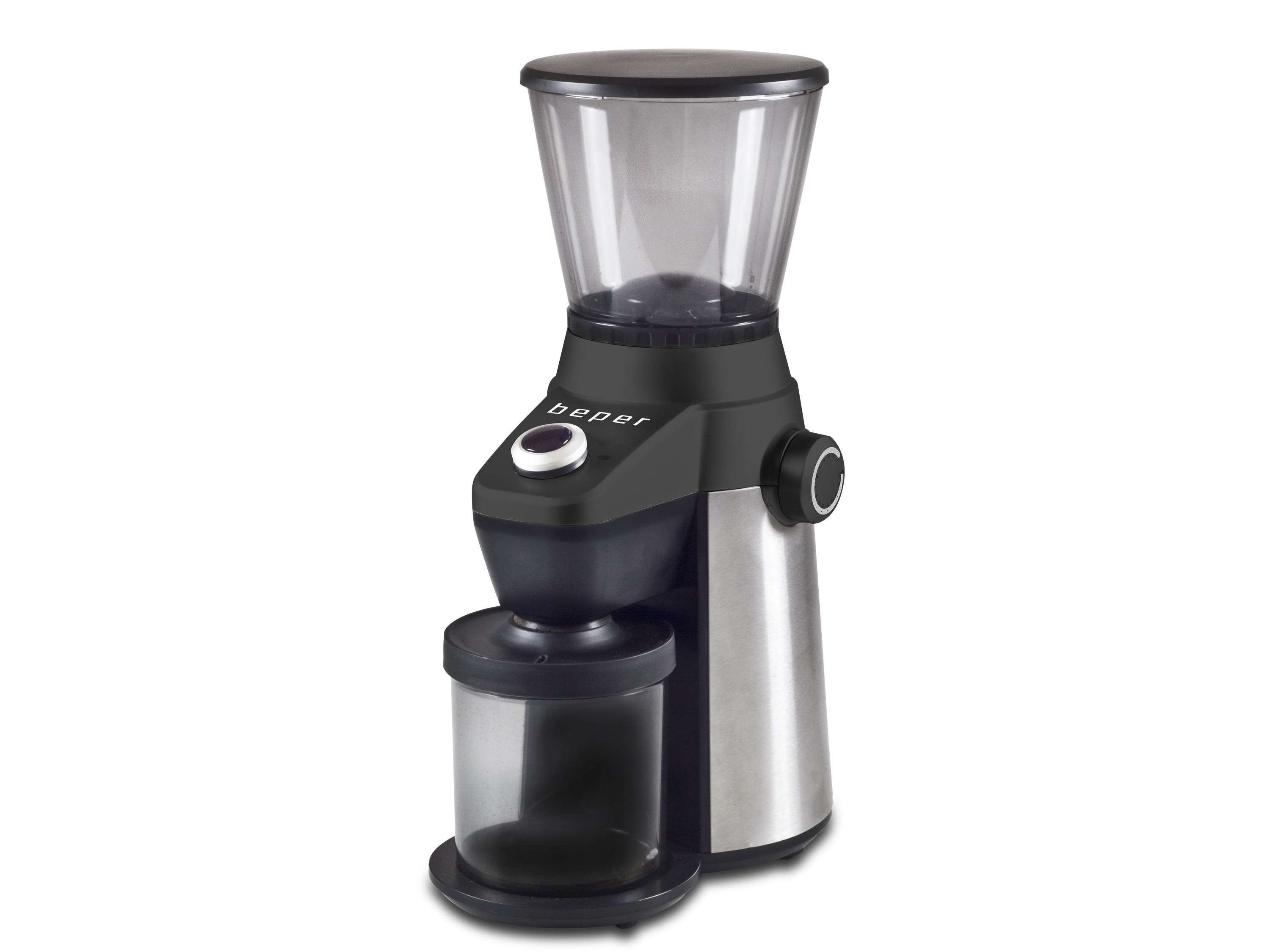 Un macinacaffè argentato e nero. Ha un contenitore trasparente per i chicchi e una tazza nera per il caffè macinato.
