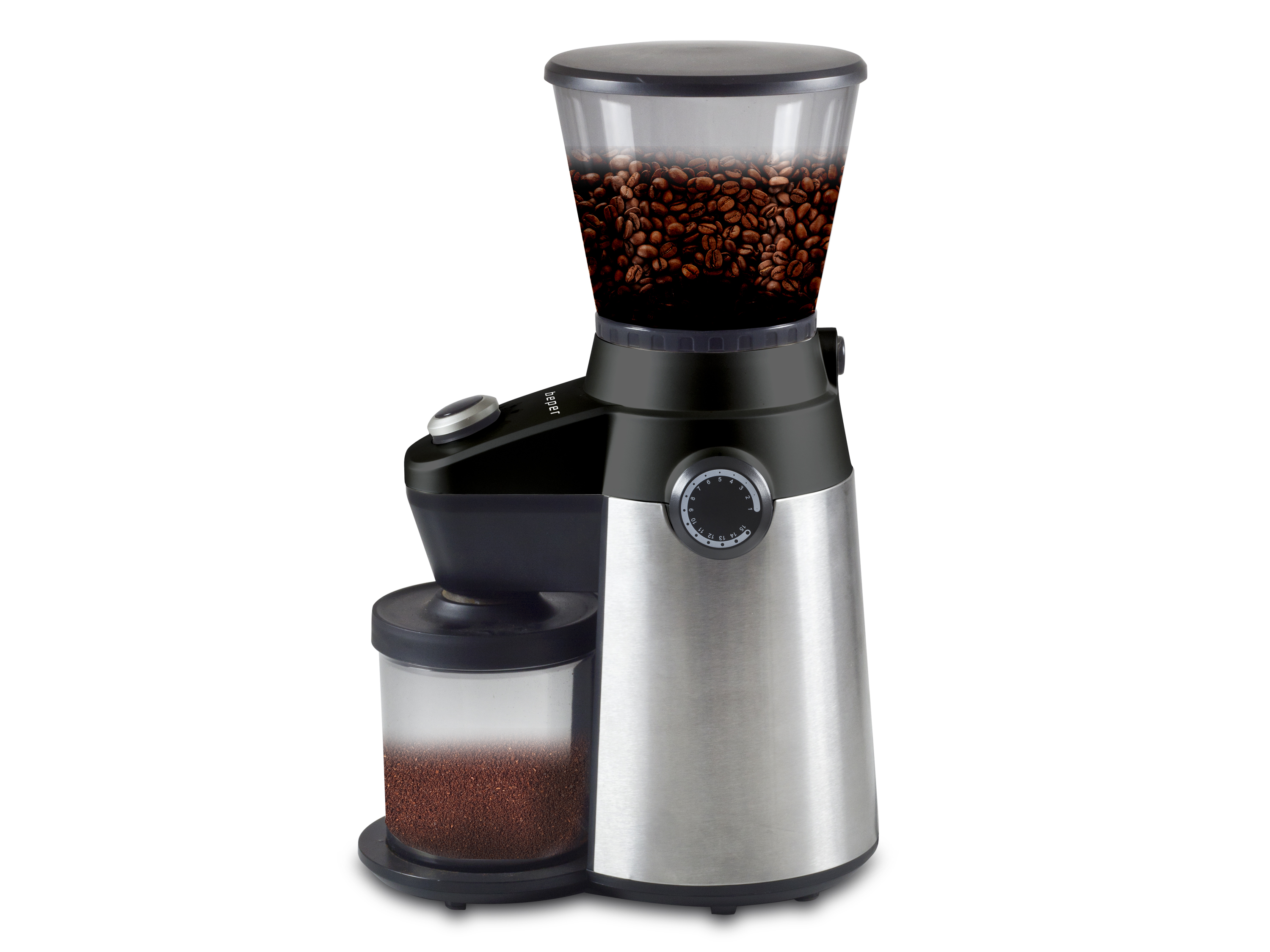 Macinacaffè con serbatoio per chicchi, base argentata e contenitore per caffè macinato. Sono visibili un quadrante e un pulsante.
