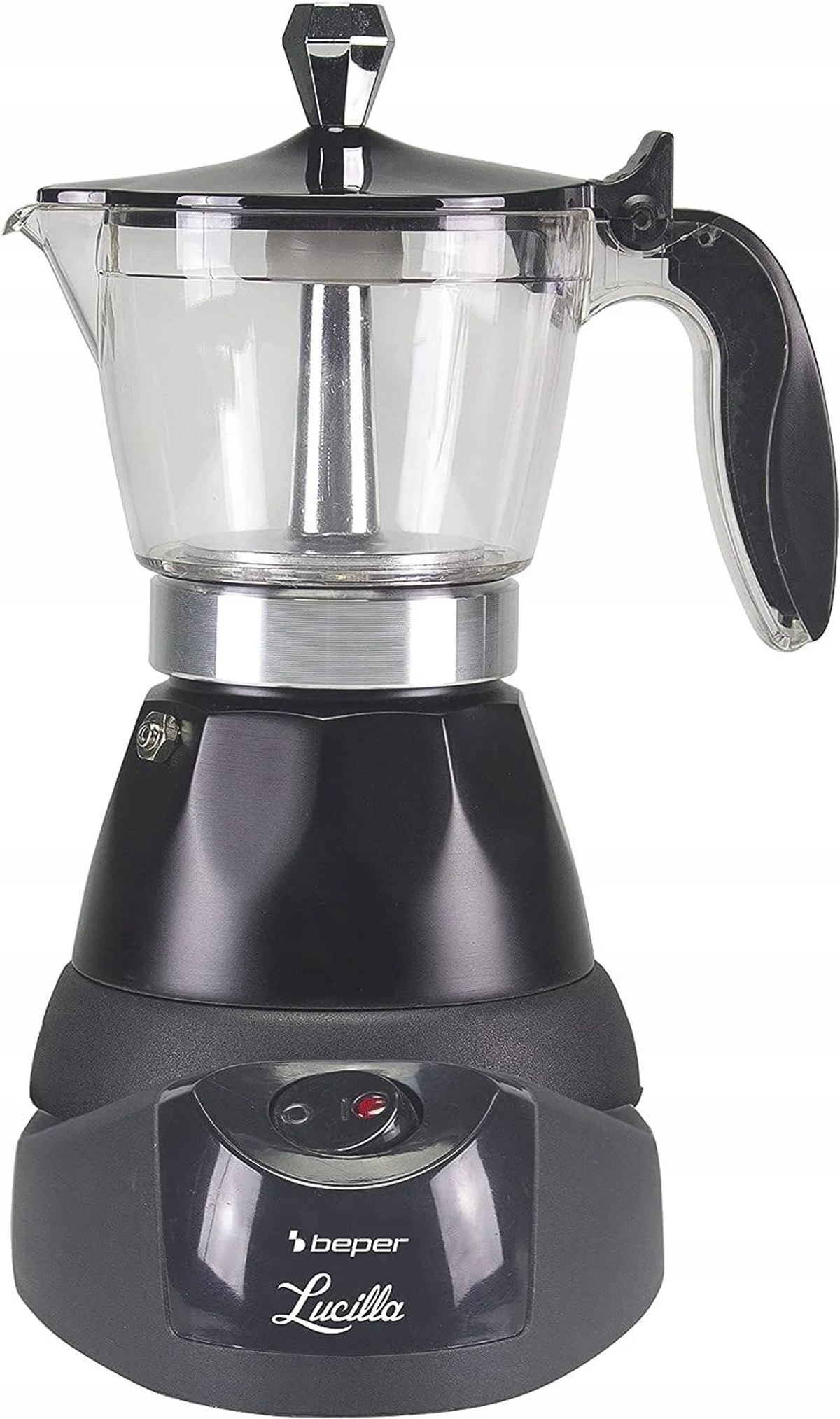 Una caffettiera elettrica nera e argento con un coperchio in vetro trasparente. Ha una maniglia e un pulsante di accensione.