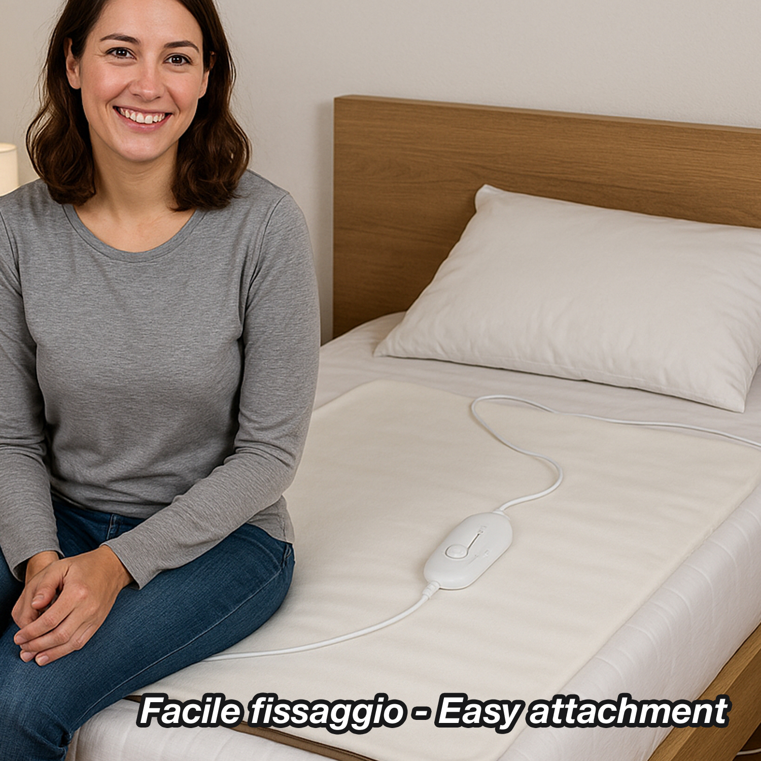Donna sorride accanto a un letto con un termoforo. Il termoforo ha un controllo. Lo sfondo comprende un cuscino e una struttura letto in legno.