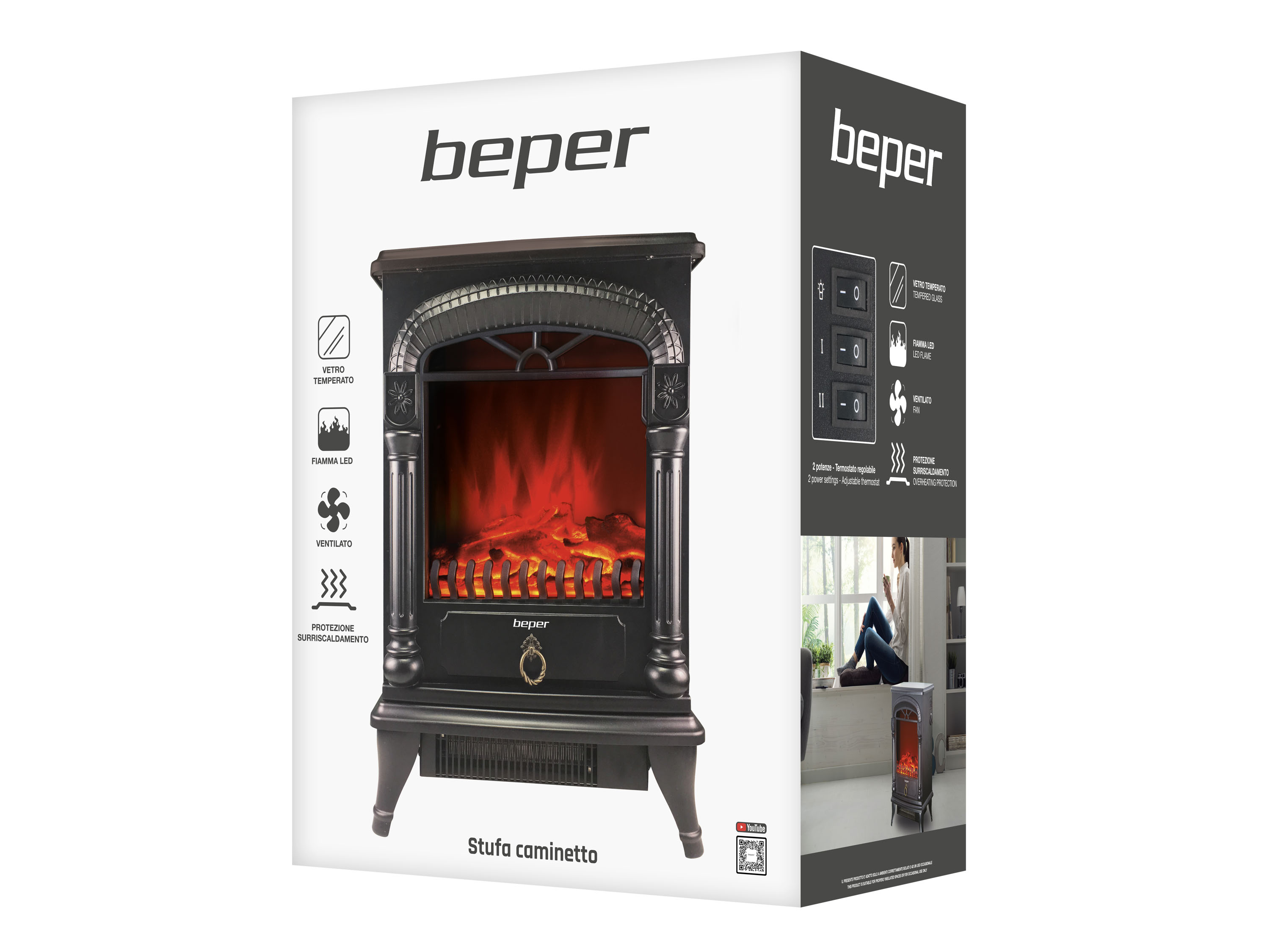Una scatola mostra un caminetto elettrico Beper. Ha una cornice nera, con una fiamma a LED e vetro temperato.