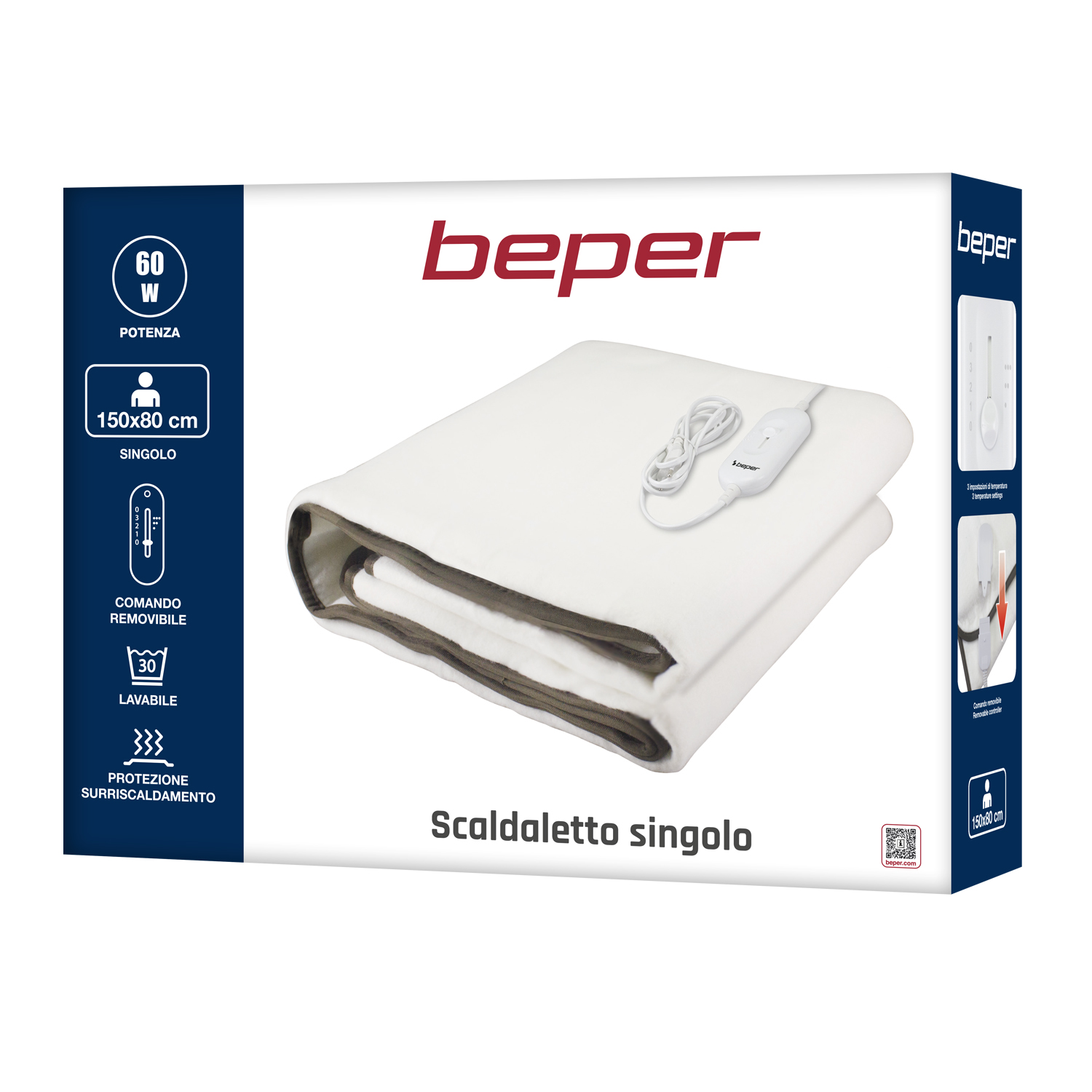 Una scatola bianca di coperta elettrica Beper. Il testo sulla scatola include: 60W, 150x80cm, controllo rimovibile, lavabile, protezione da surriscaldamento.