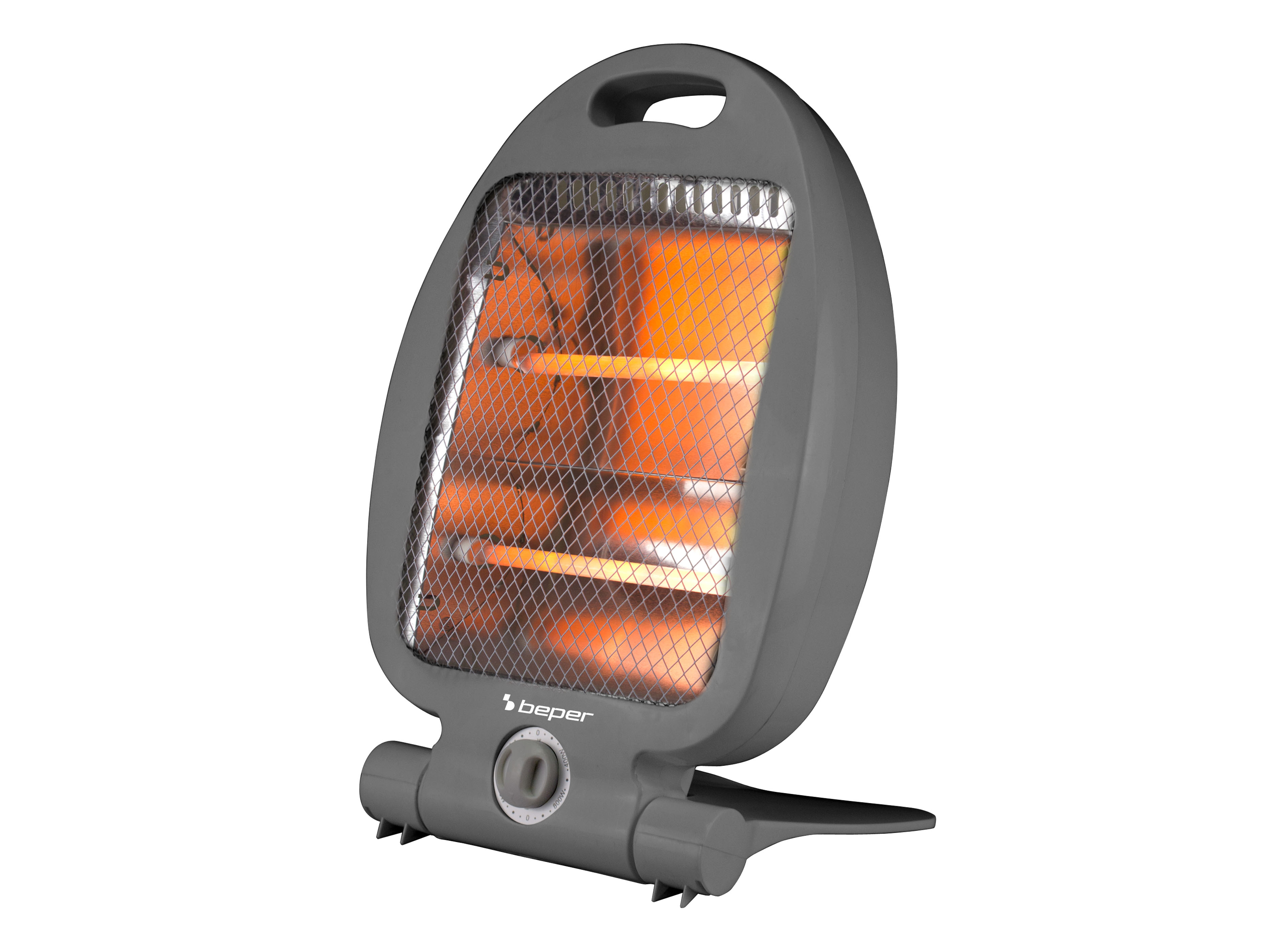 Un termoventilatore grigio con griglia anteriore. L'interno è arancione, con maniglia e base.