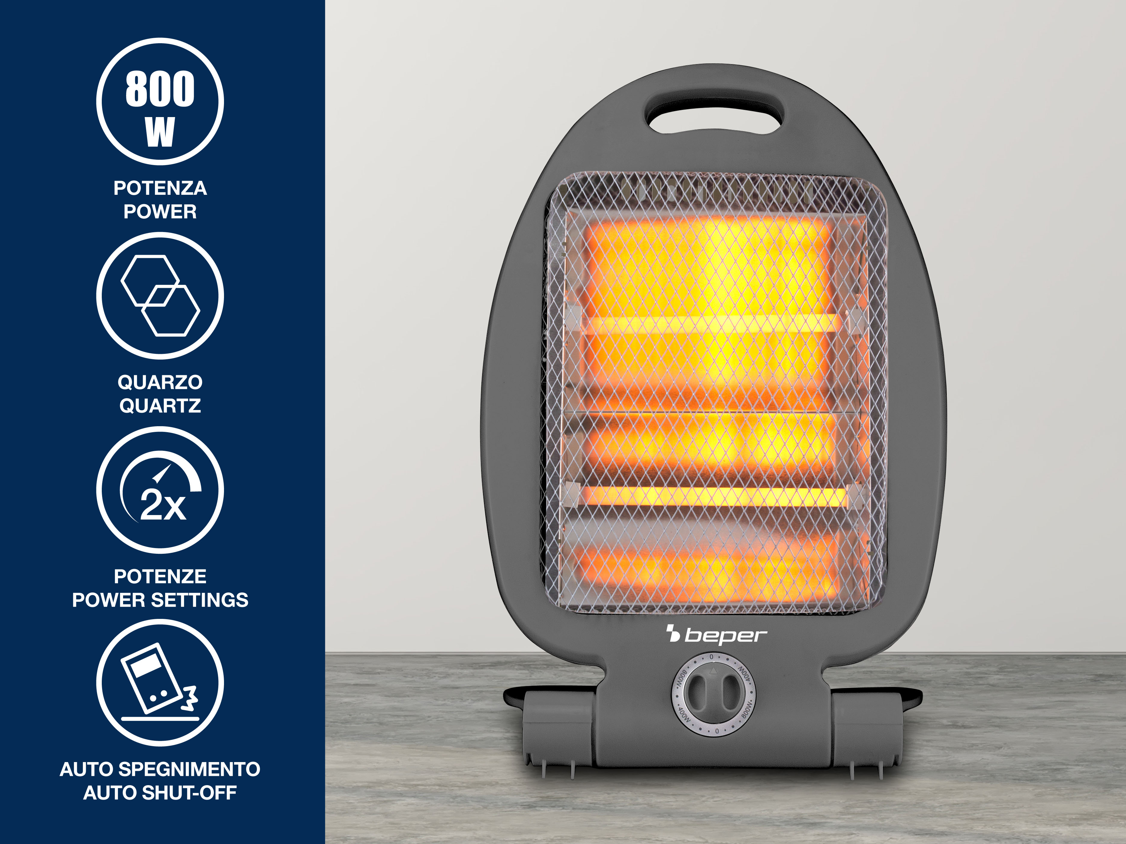 Un riscaldatore al quarzo Beper grigio con elemento riscaldante incandescente e quadranti di controllo.