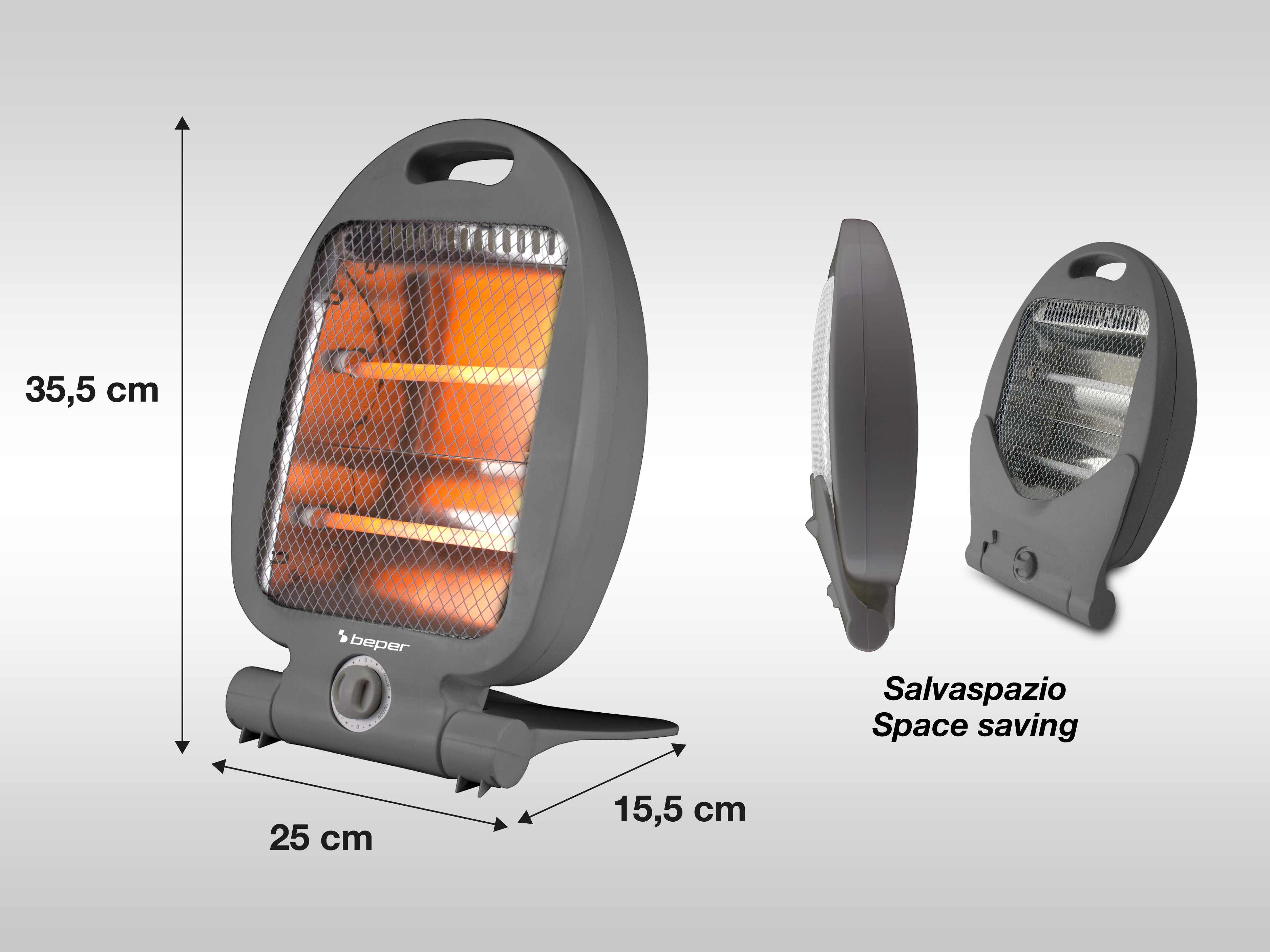 Un termoventilatore Beper grigio salvaspazio con elementi riscaldanti arancioni. Vengono visualizzate le dimensioni. Tre viste.