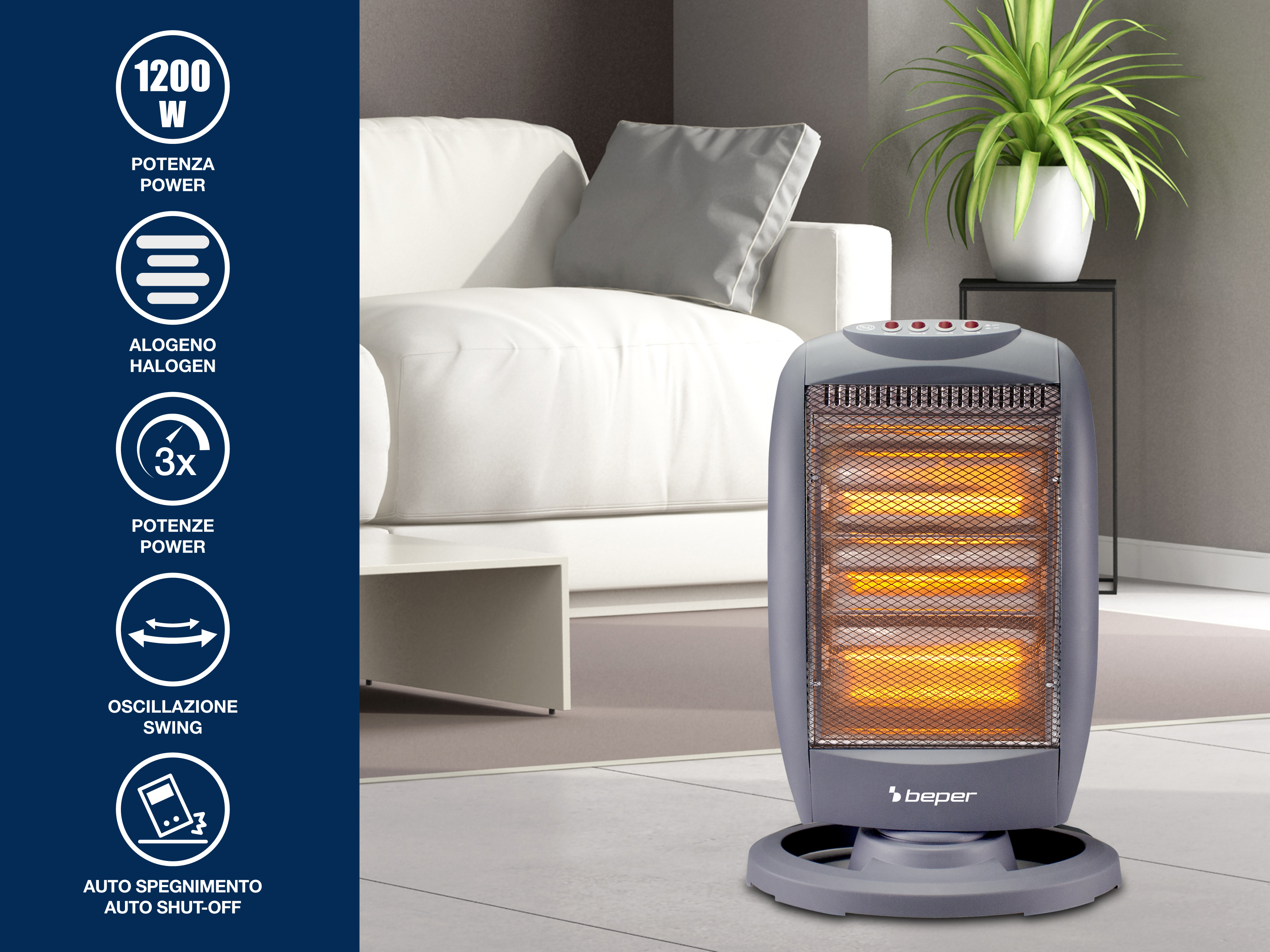 Un termoventilatore grigio con elemento riscaldante incandescente in una stanza. Un divano bianco e una pianta sullo sfondo.
