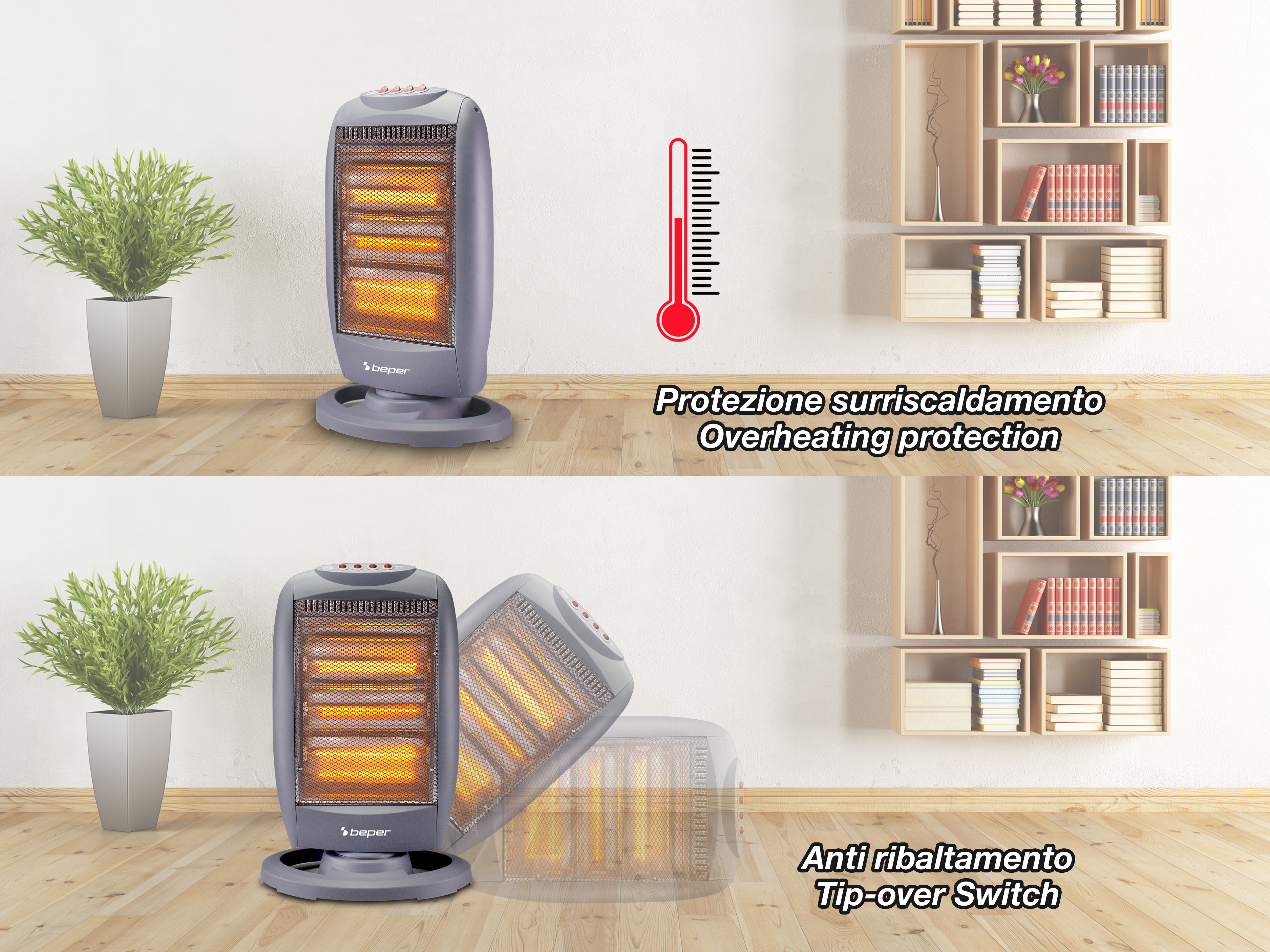 Un termoventilatore grigio su pavimento in legno, con pianta e mensola sullo sfondo. Ha surriscaldamento e interruttore antiribaltamento.