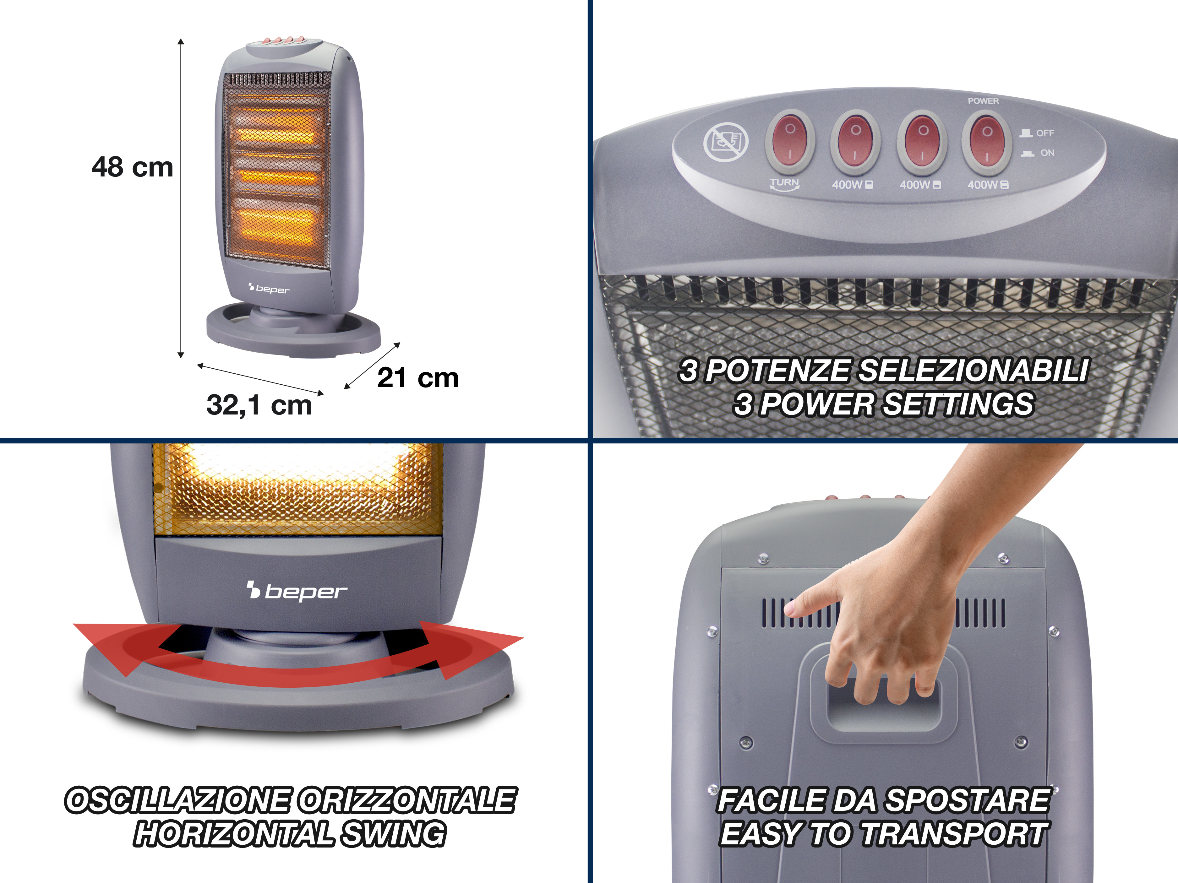 Un termoventilatore Beper grigio con 3 impostazioni di potenza. Ha oscillazione orizzontale ed è facile da trasportare.
