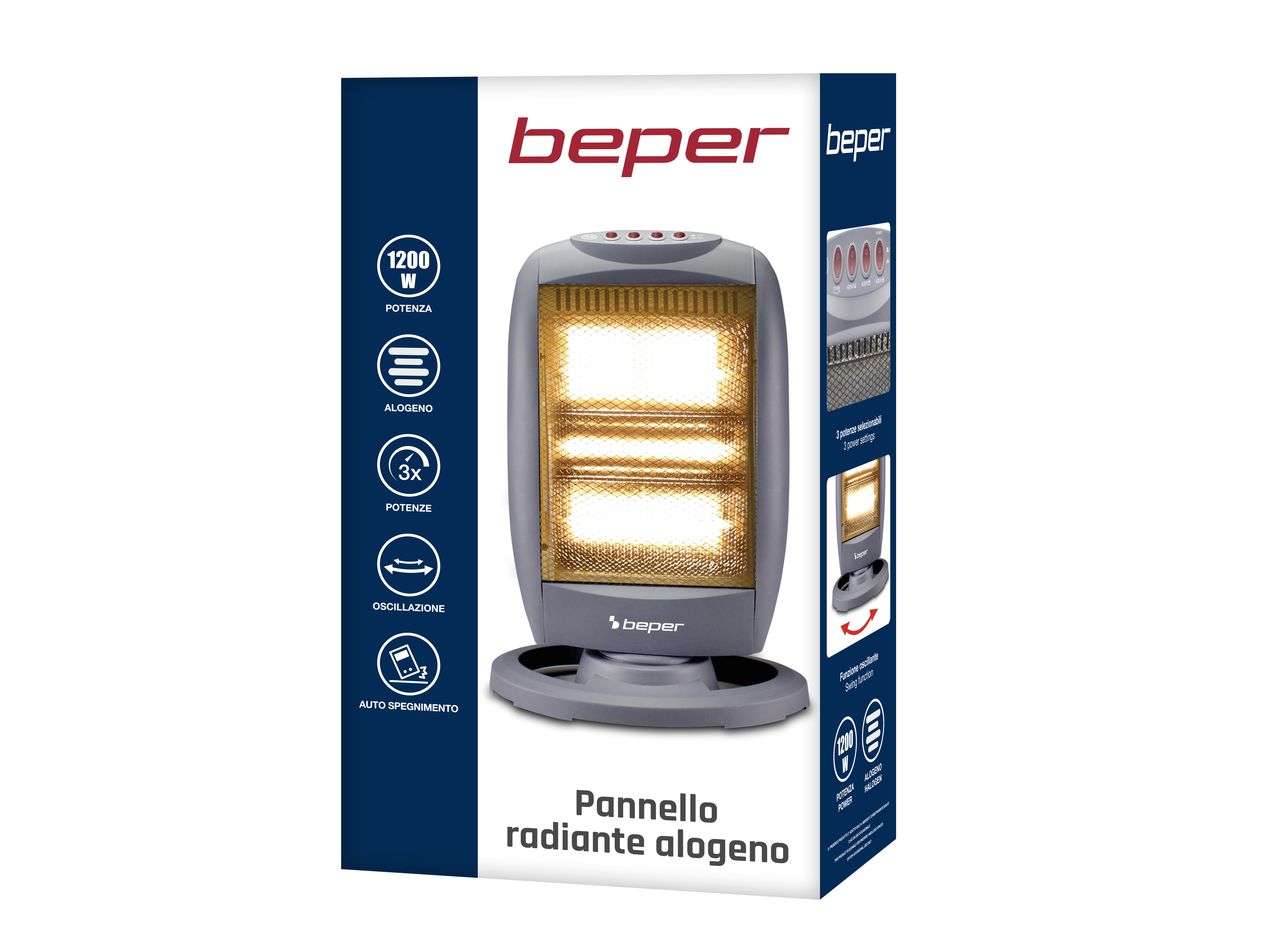 Un pannello radiante alogeno Beper in scatola. È grigio con un elemento riscaldante arancione brillante.