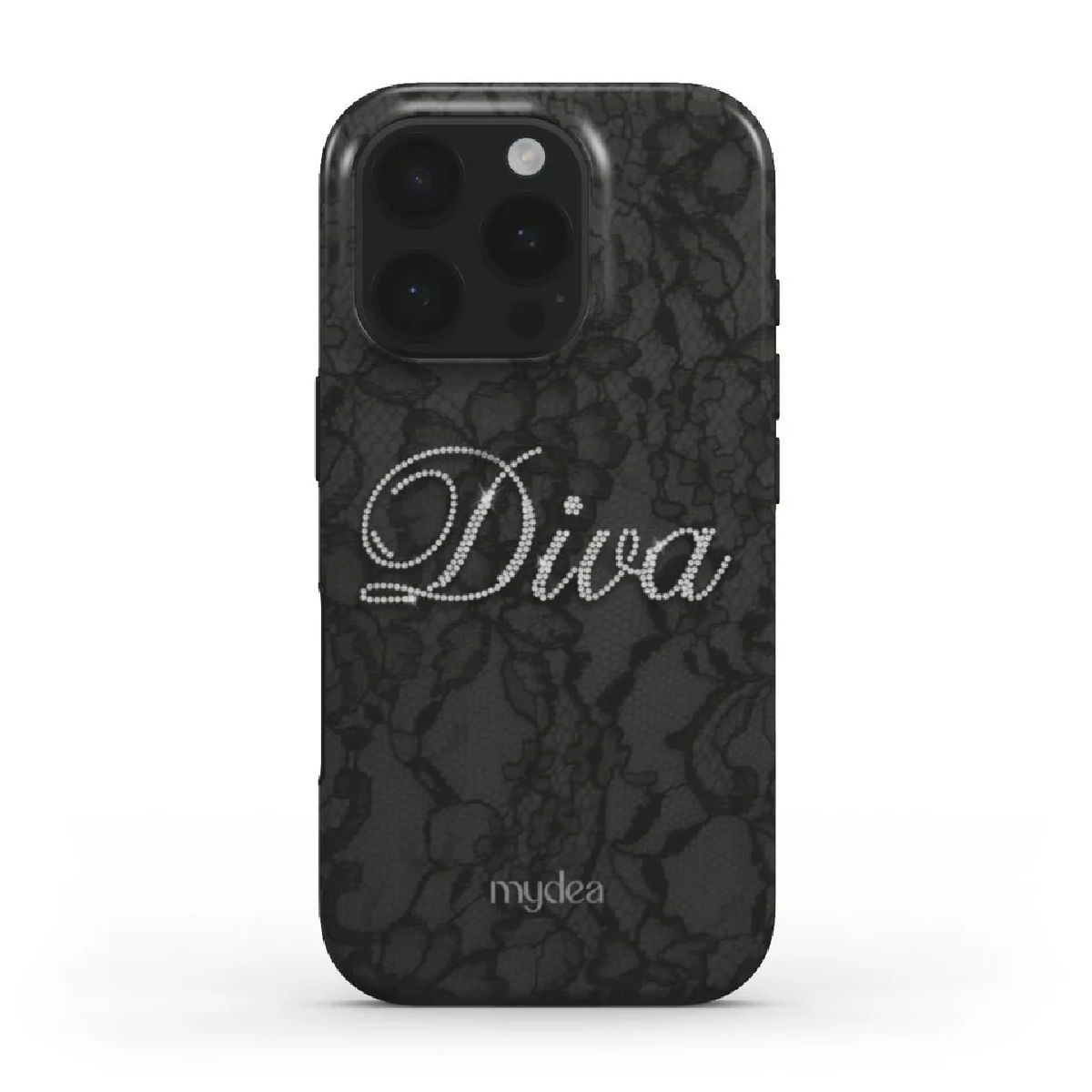 Una custodia per telefono nera con un motivo a pizzo e la parola "Diva" in strass. Il telefono ha un rilievo per la fotocamera.