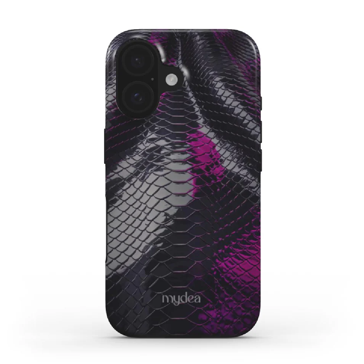 Una custodia per smartphone con motivo a pelle di serpente in nero, grigio e viola. Ha due obiettivi e il marchio 'mydea'.