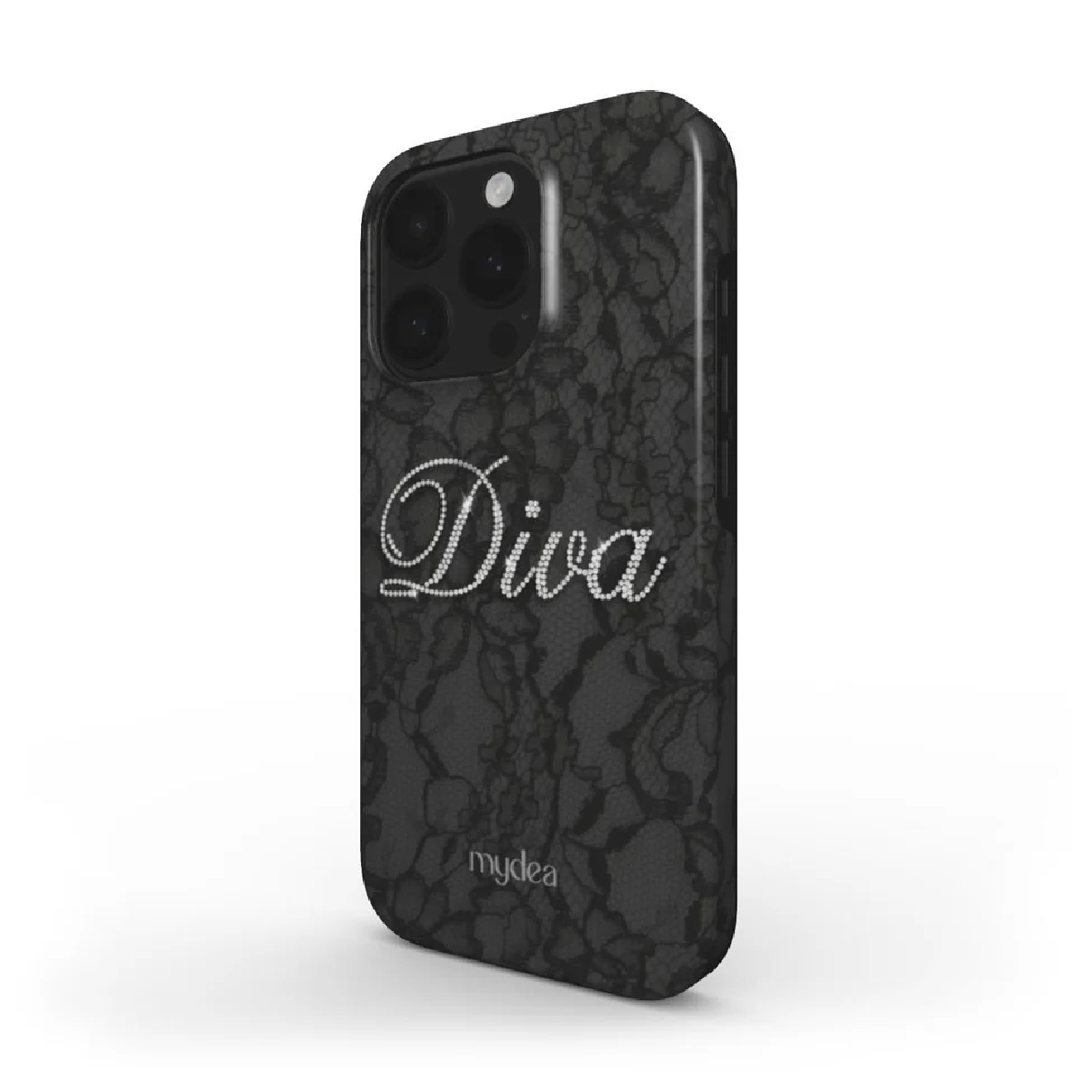 Una custodia nera per telefono con un design floreale in pizzo e la scritta "Diva" in strass argentati. Il marchio "mydea" è in basso.