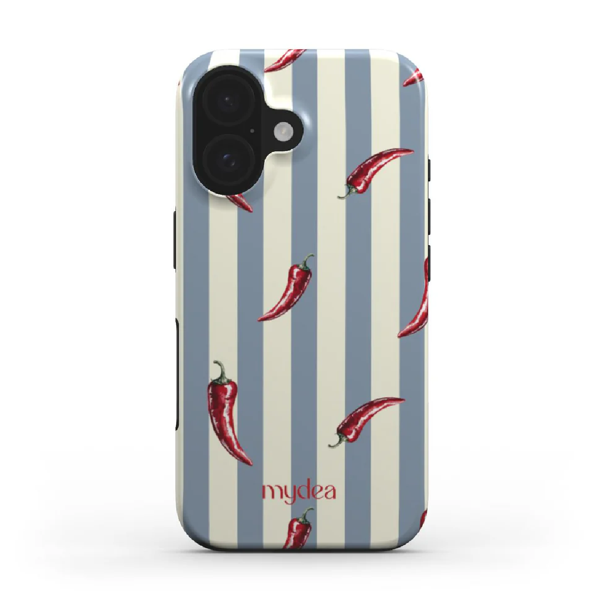 Custodia per telefono con sfondo a strisce e motivo di peperoncini rossi. In alto è visibile una fotocamera del telefono. Il marchio è in basso.