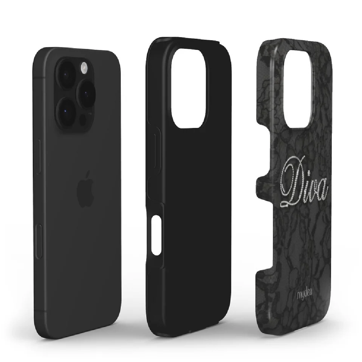 Tre custodie nere per iPhone. Una con il telefono, una semplice e una con la scritta 'Diva'.