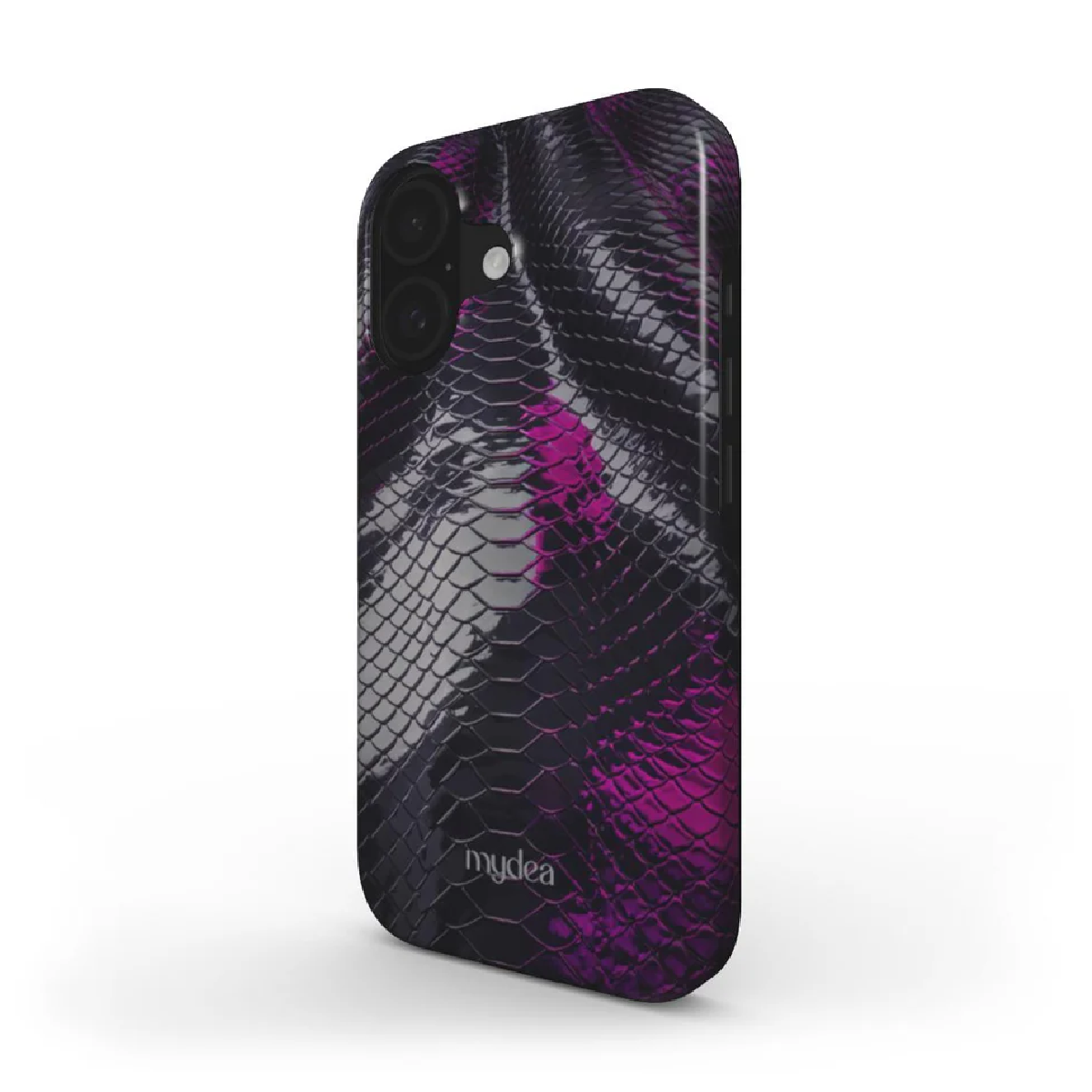Una custodia per telefono con design a pelle di serpente nera e viola. Il marchio 'mydea' è visibile in basso.