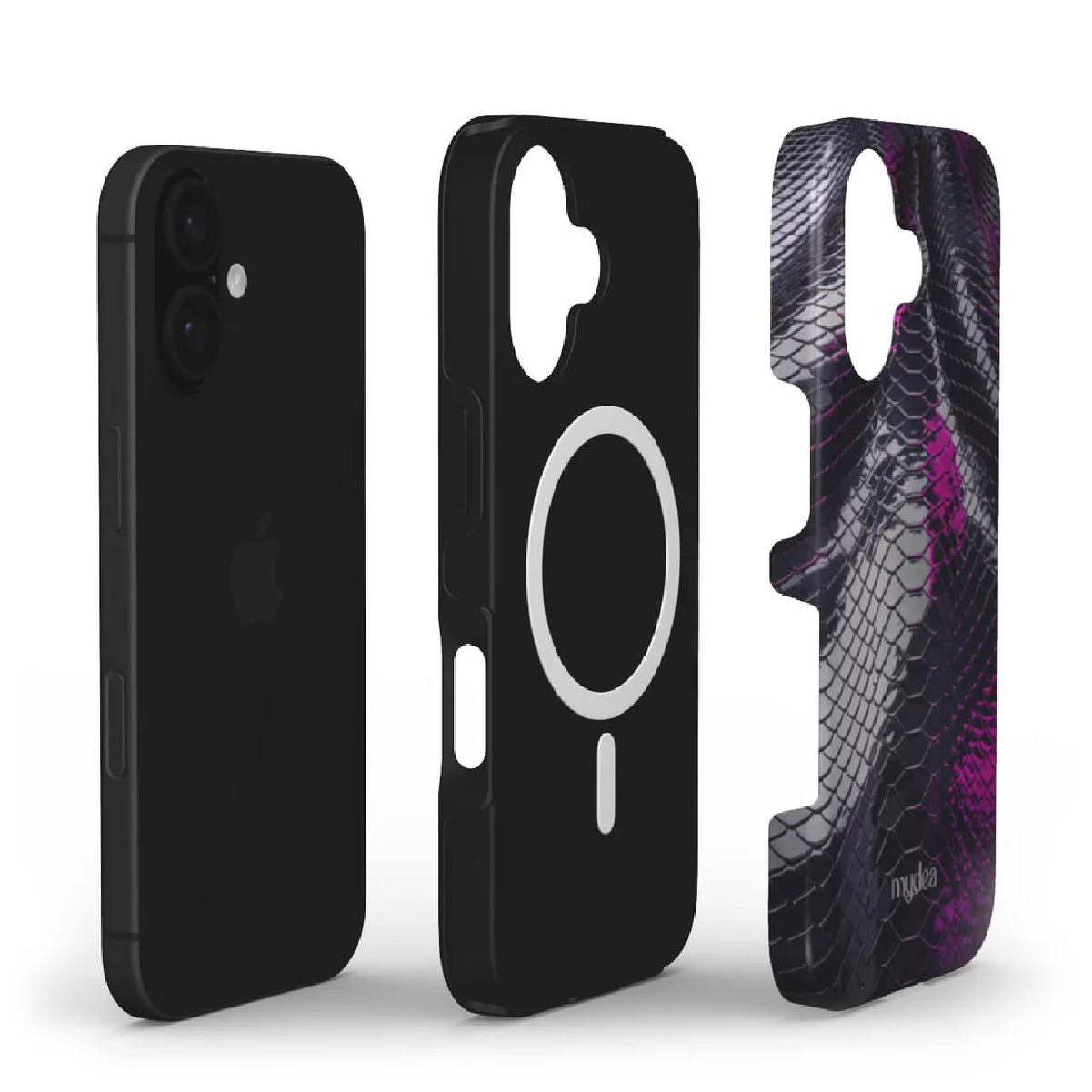 Tre articoli correlati al telefono: un iPhone nero, una custodia nera con cerchio bianco e una custodia fantasia.