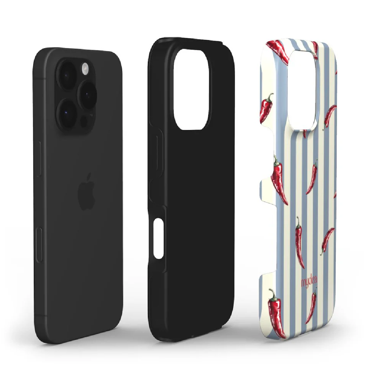 Tre custodie per telefoni: telefono nero, custodia nera e custodia con peperoncini rossi e strisce blu su sfondo bianco.