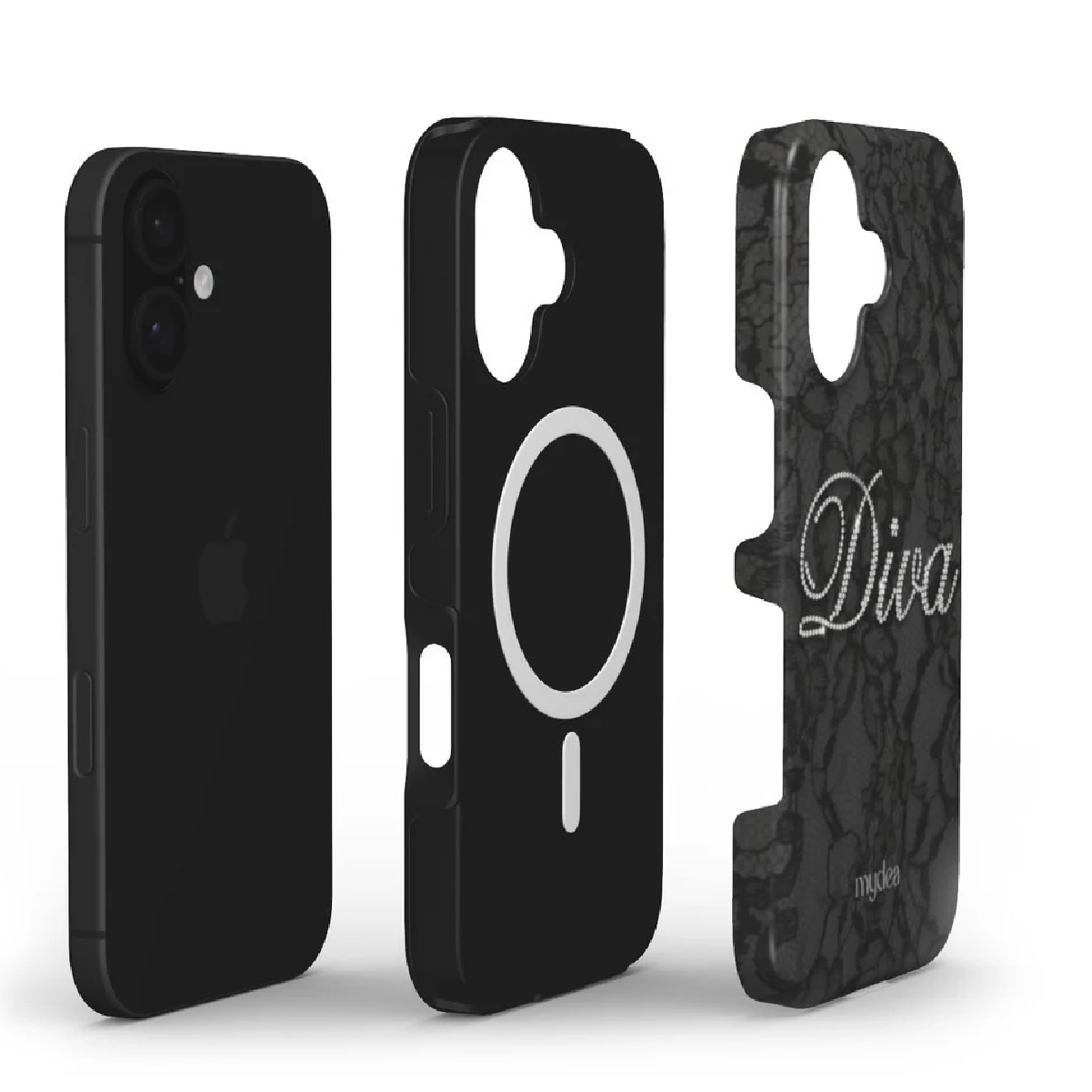 Tre custodie nere per iPhone, una con un iPhone, una con un anello bianco e la terza con la parola "Diva".