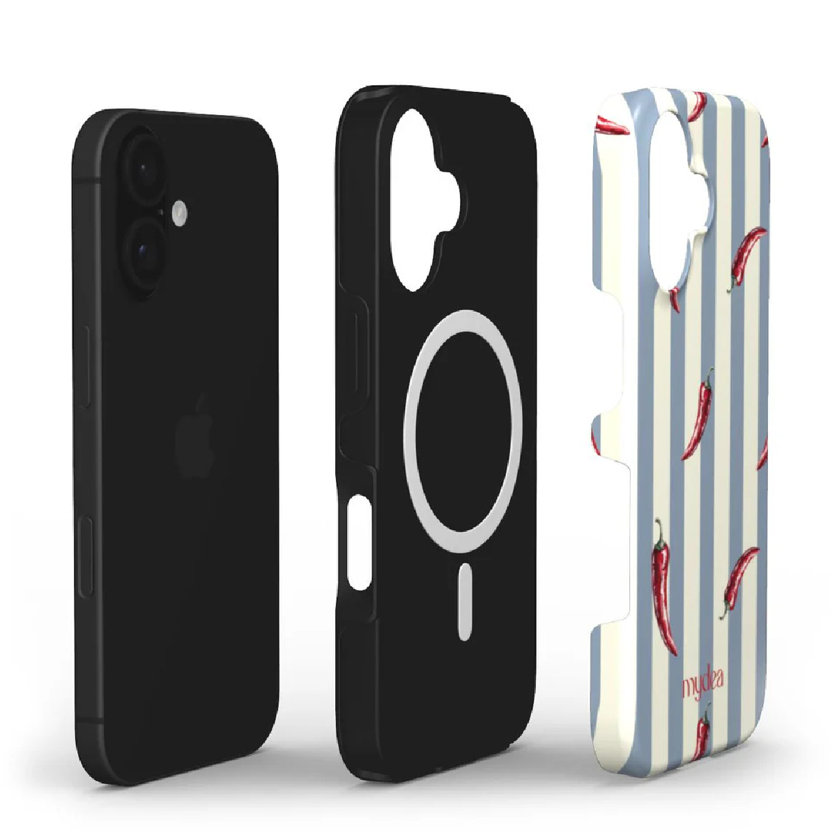 Tre custodie per iPhone. Un iPhone nero, una custodia nera e una custodia a righe con peperoncini rossi.
