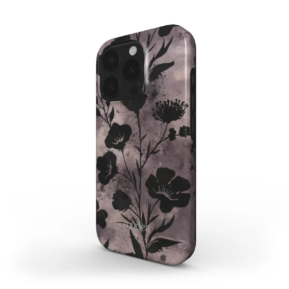 Una custodia per telefono con motivo floreale. Fiori e foglie neri su sfondo grigio e viola. Il telefono ha più fotocamere.