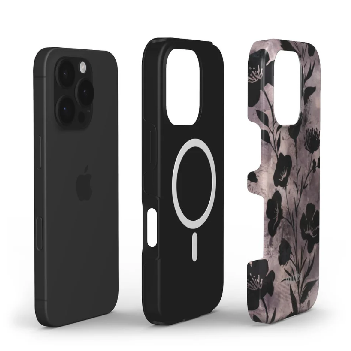 Tre custodie per telefono, un telefono nero, una custodia nera con un cerchio bianco e una custodia a motivi floreali.