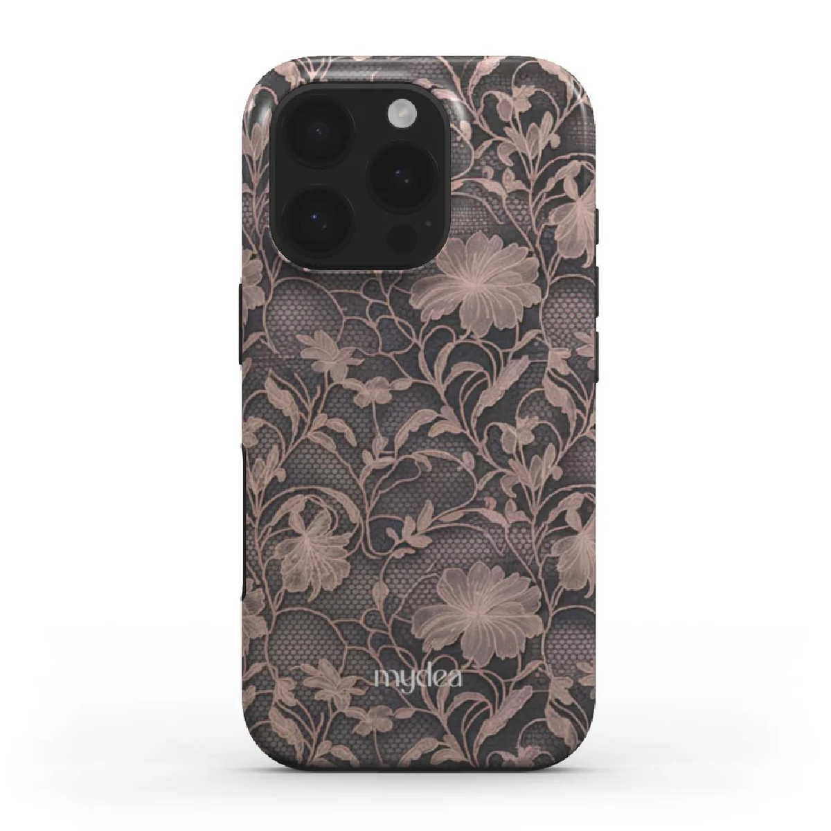 Una custodia per telefono con un motivo floreale. Il design presenta fiori e foglie rosa su uno sfondo grigio scuro con il logo 'mydea'.