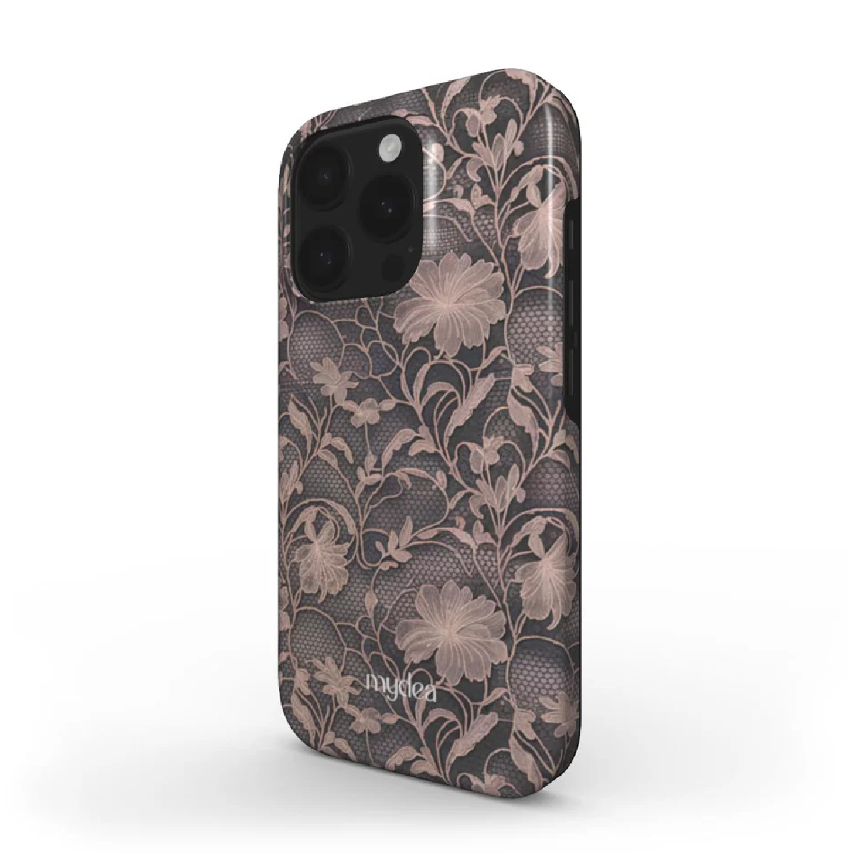 Una custodia per telefono con motivo floreale in pizzo rosa e grigio. La custodia ha un ritaglio per la fotocamera e il marchio 'mydea'.