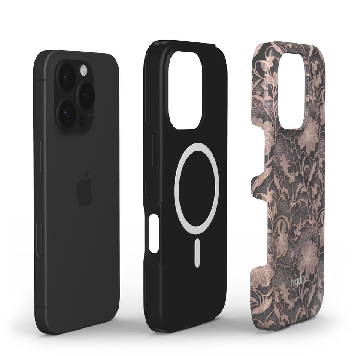 Tre custodie per iPhone: telefono nero, custodia nera con anello bianco e custodia con motivo floreale. Tutti sono isolati su bianco.